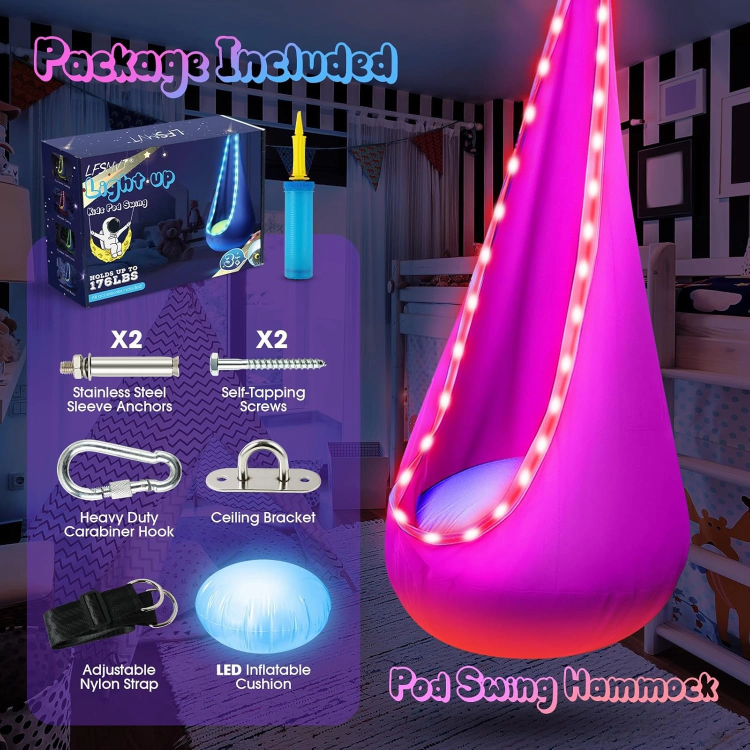 Light Up Kids Pod Swing Seat, Upgraded Kids Hanging Hammock Swing with LED Lights, Cotton Sensory Pod Swing Chair with Inflatable Pillow, Pod Swing for Kids Indoor & Outdoor (1 PCS) (Pink)
