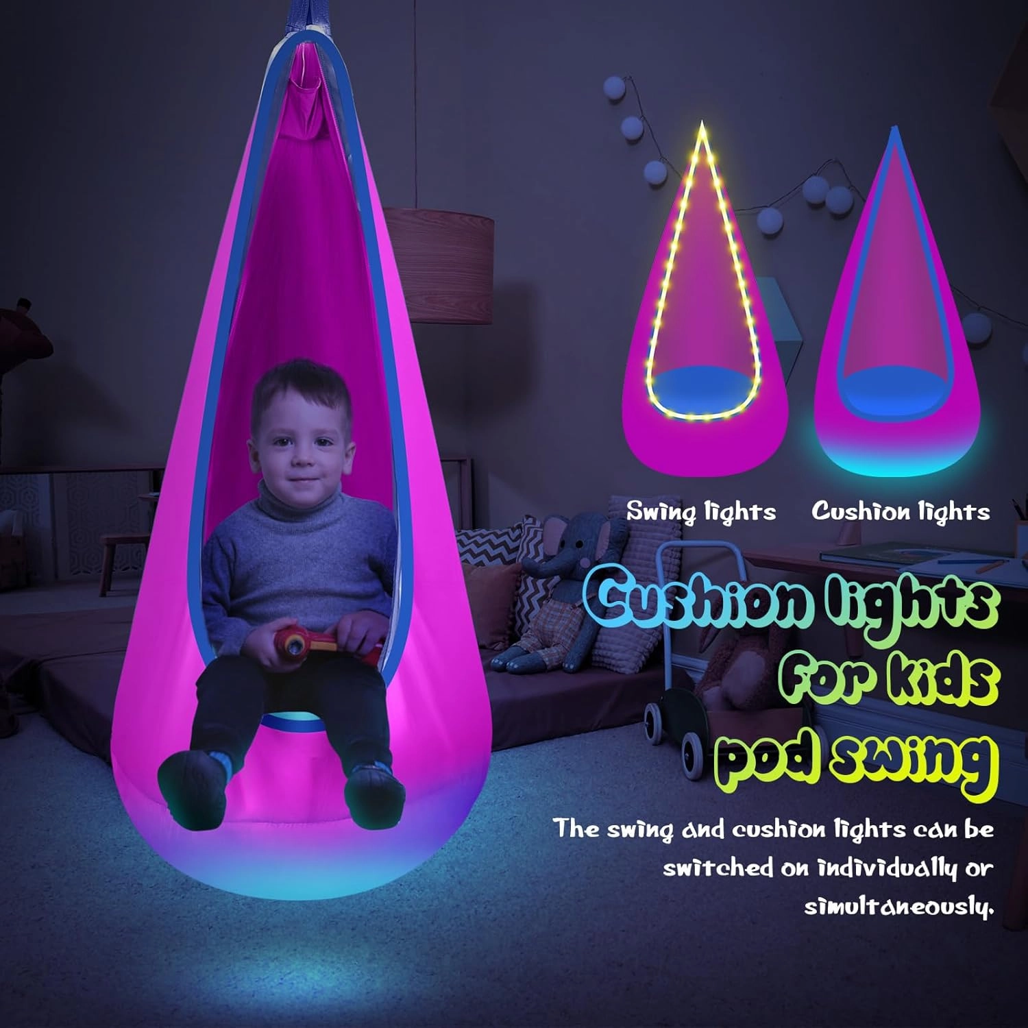Light Up Kids Pod Swing Seat, Upgraded Kids Hanging Hammock Swing with LED Lights, Cotton Sensory Pod Swing Chair with Inflatable Pillow, Pod Swing for Kids Indoor & Outdoor (1 PCS) (Pink)