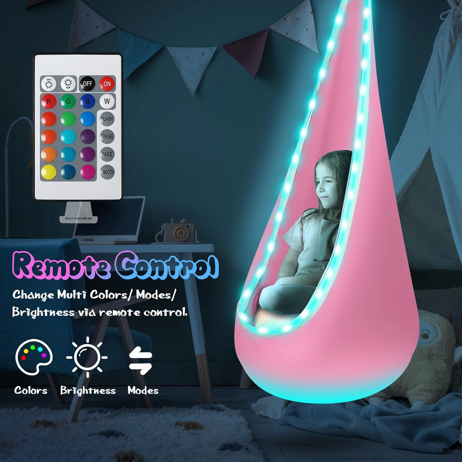 Light Up Kids Pod Swing Seat, Upgraded Kids Hanging Hammock Swing with LED Lights, Cotton Sensory Pod Swing Chair with Inflatable Pillow, Pod Swing for Kids Indoor & Outdoor (Light Pink)