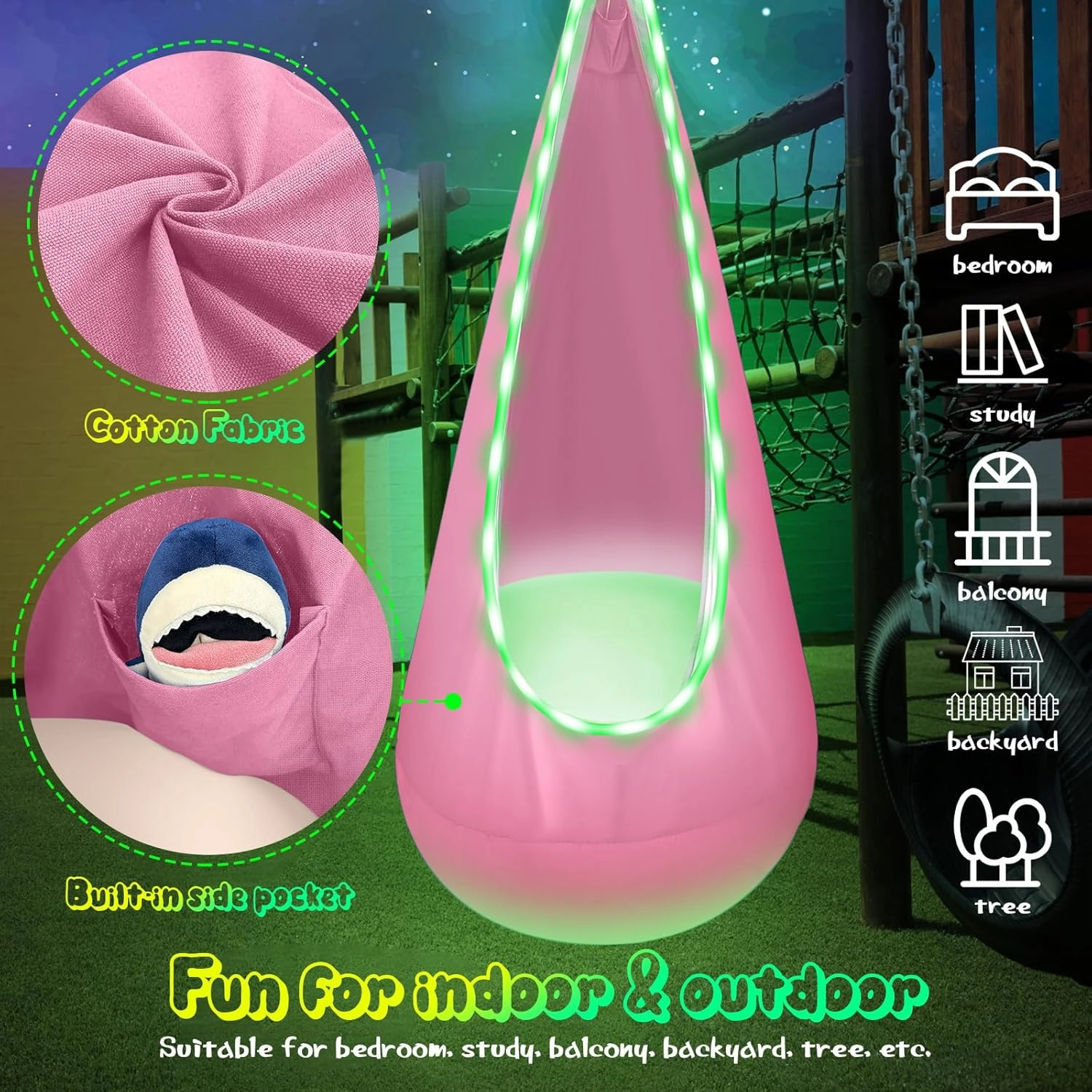 Light Up Kids Pod Swing Seat, Upgraded Kids Hanging Hammock Swing with LED Lights, Cotton Sensory Pod Swing Chair with Inflatable Pillow, Pod Swing for Kids Indoor & Outdoor (Light Pink)