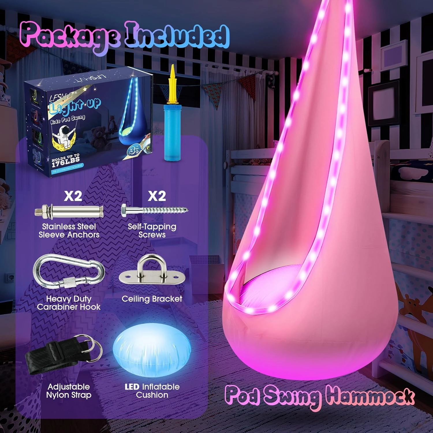 Light Up Kids Pod Swing Seat, Upgraded Kids Hanging Hammock Swing with LED Lights, Cotton Sensory Pod Swing Chair with Inflatable Pillow, Pod Swing for Kids Indoor & Outdoor (Light Pink)