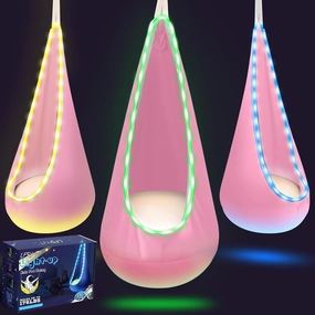 Light Up Kids Pod Swing Seat, Upgraded Kids Hanging Hammock Swing with LED Lights, Cotton Sensory Pod Swing Chair with Inflatable Pillow, Pod Swing for Kids Indoor & Outdoor (Light Pink)