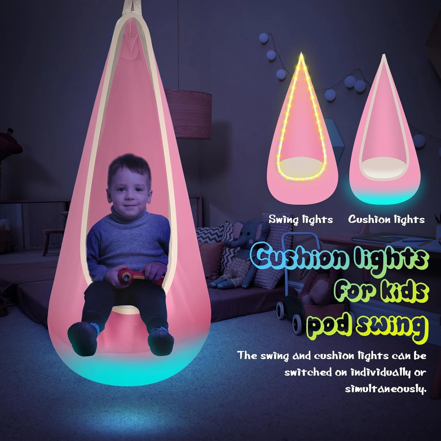Light Up Kids Pod Swing Seat, Upgraded Kids Hanging Hammock Swing with LED Lights, Cotton Sensory Pod Swing Chair with Inflatable Pillow, Pod Swing for Kids Indoor & Outdoor (Light Pink)