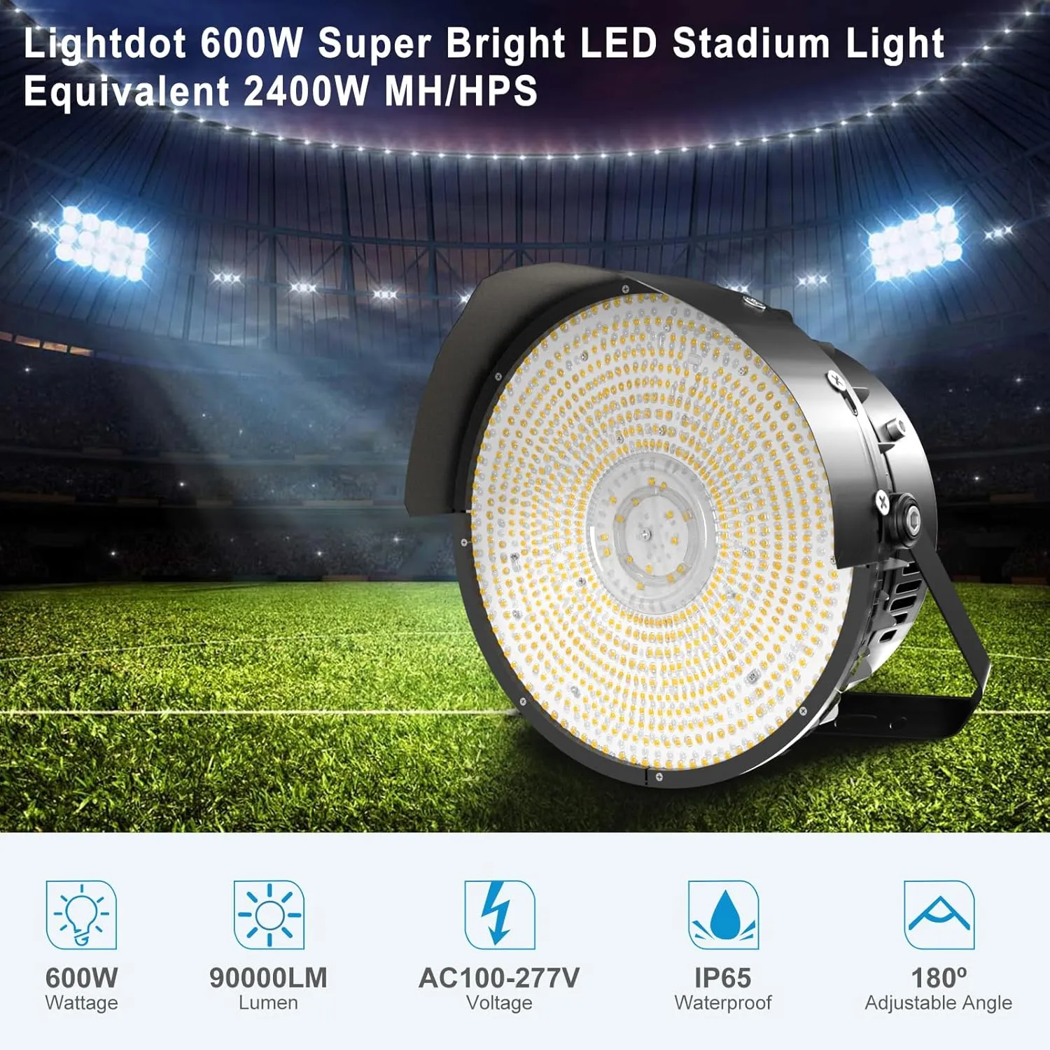 Lightdot 600W LED Stadium Lights with Reflector (Reduce Light Loss, Can Be Removed) 100-277V 90000Lm Commercial LED Sport Lights with US Hook/Bracket Mount for Sport Fields/Courts-1Pack