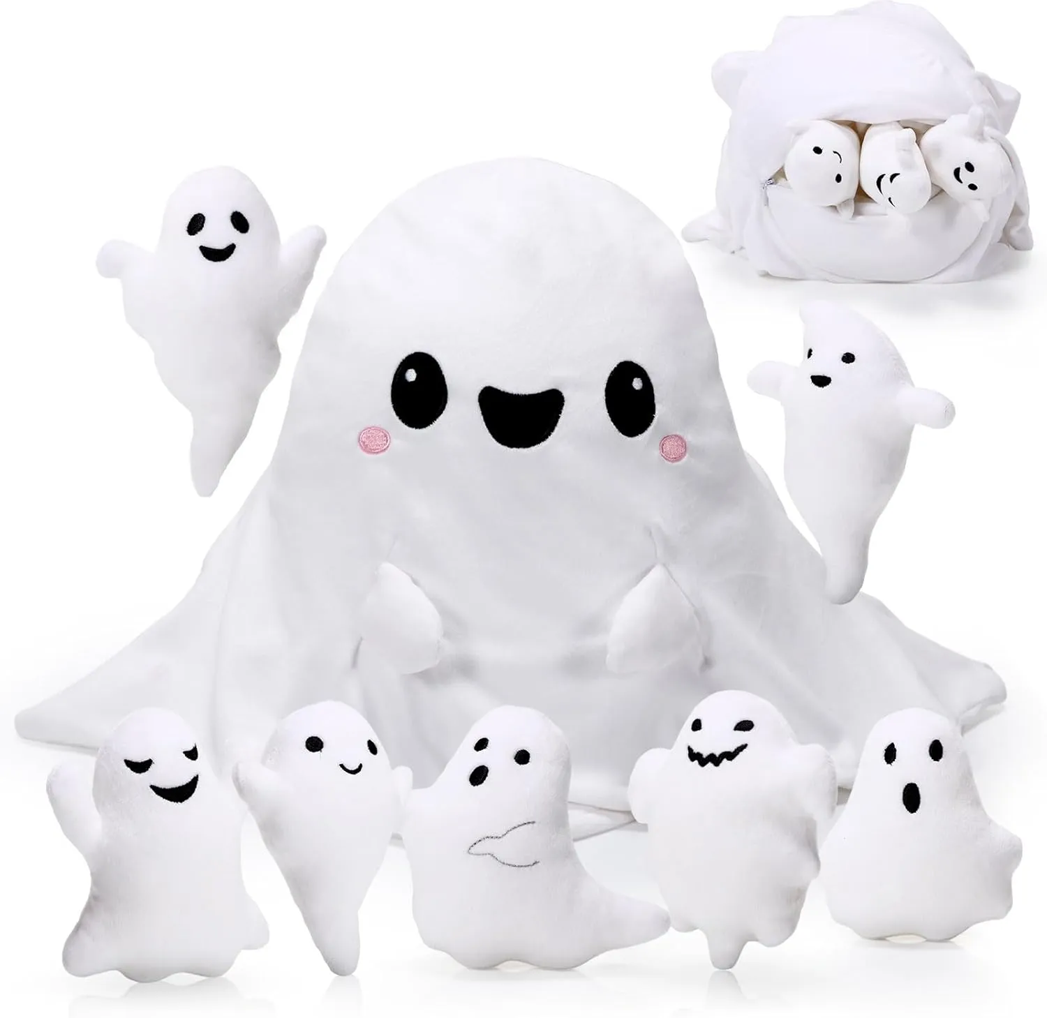 Liliful 16 Inch Ghost Plush Toy Sets Adorable Ghost Stuffed Animal Mommy Pillow with 7 Cute Plush Babies Soft Funny White Ghost Plushies Gift for Boys Girls Birthday Holiday(Smile)