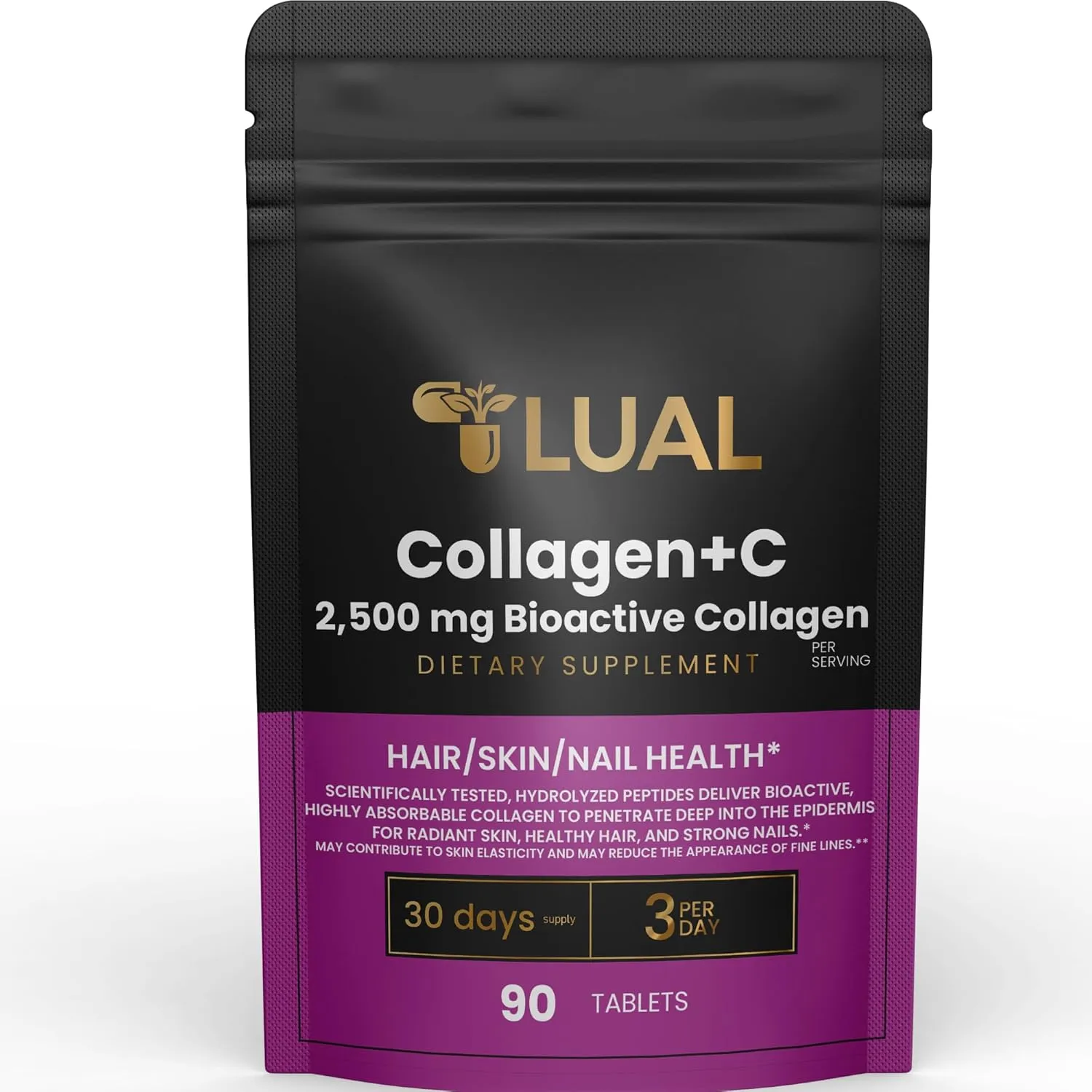 LUAL Collagen Plus Vitamin c | Collagen   Vitamin C 60 mg Collagen   C Tablets, 2,500mg, 90 Tablets