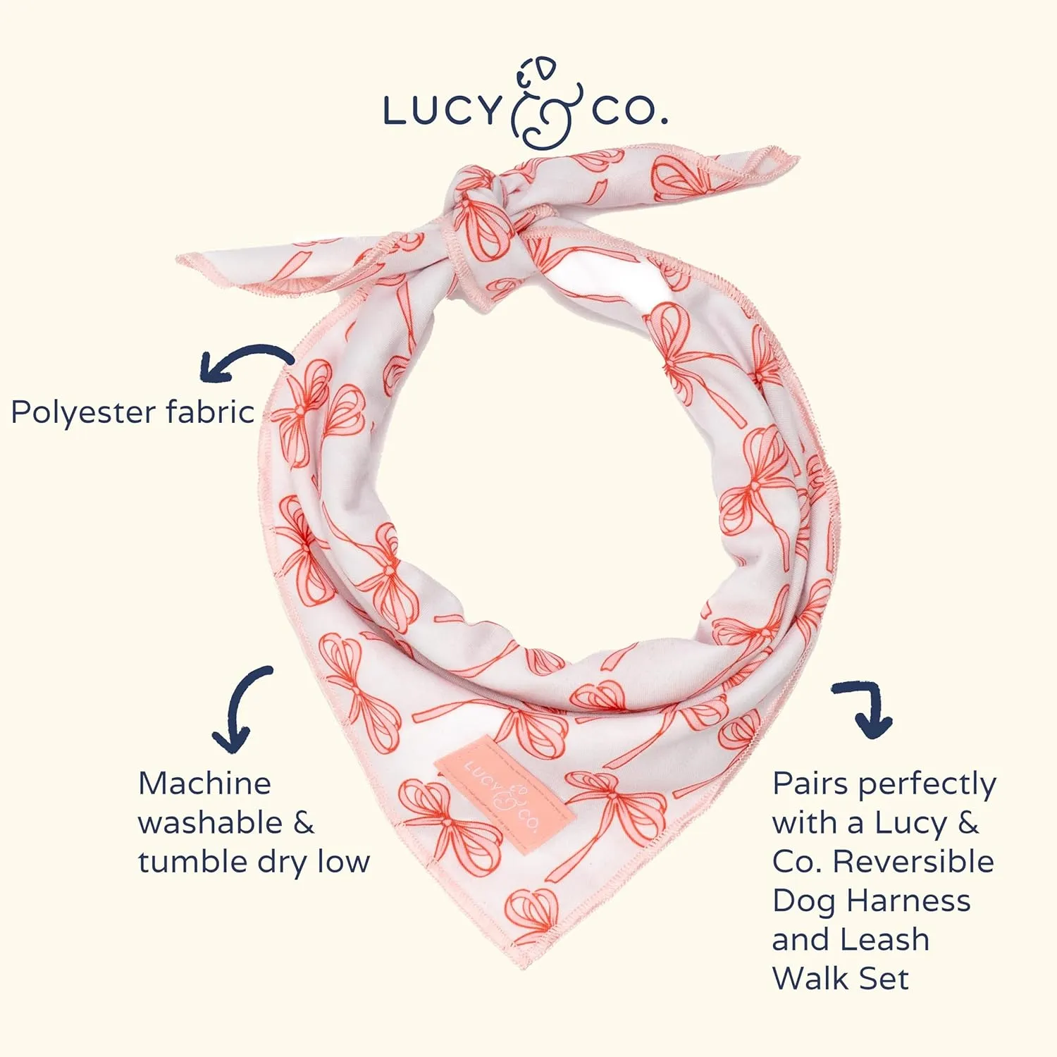 Lucy & Co. Ballet Bows Bandana - Durable Comfortable Dog Bandana - Machine Washable - Designer Puppy Accessory - Small White & Pink Bows
