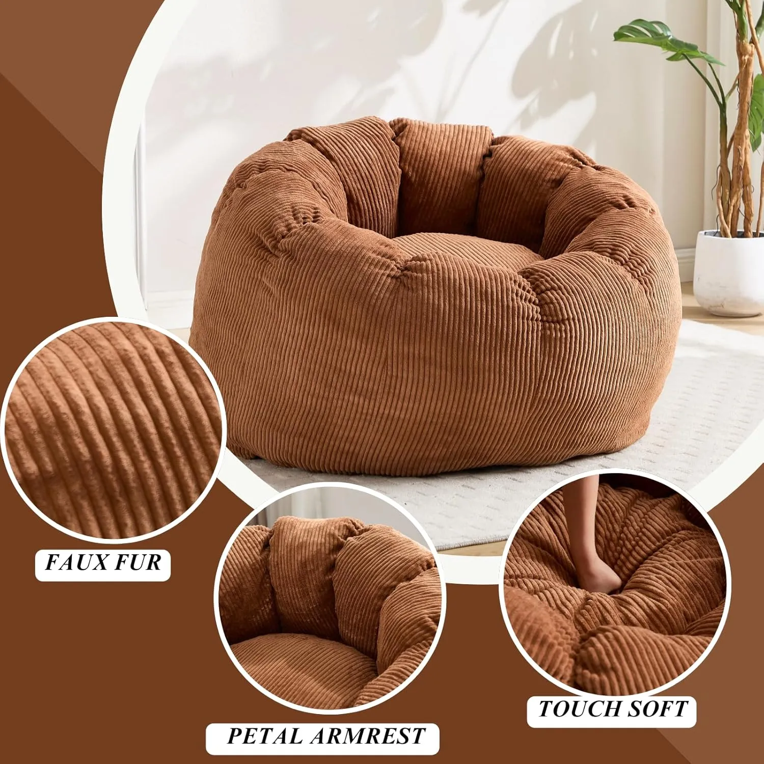 LukeAlon Bean Bag Chair with Filler, Corduroy Bean Bag Chairs for Adults with Petal Armrest Fluffy Bean Bag Sofa Floor Chair Comfy Chair Sofa for Bedroom, Living Room, Game, (44"×44"×26") Brown