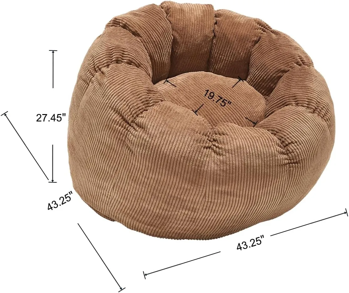 LukeAlon Bean Bag Chair with Filler, Corduroy Bean Bag Chairs for Adults with Petal Armrest Fluffy Bean Bag Sofa Floor Chair Comfy Chair Sofa for Bedroom, Living Room, Game, (44"×44"×26") Brown