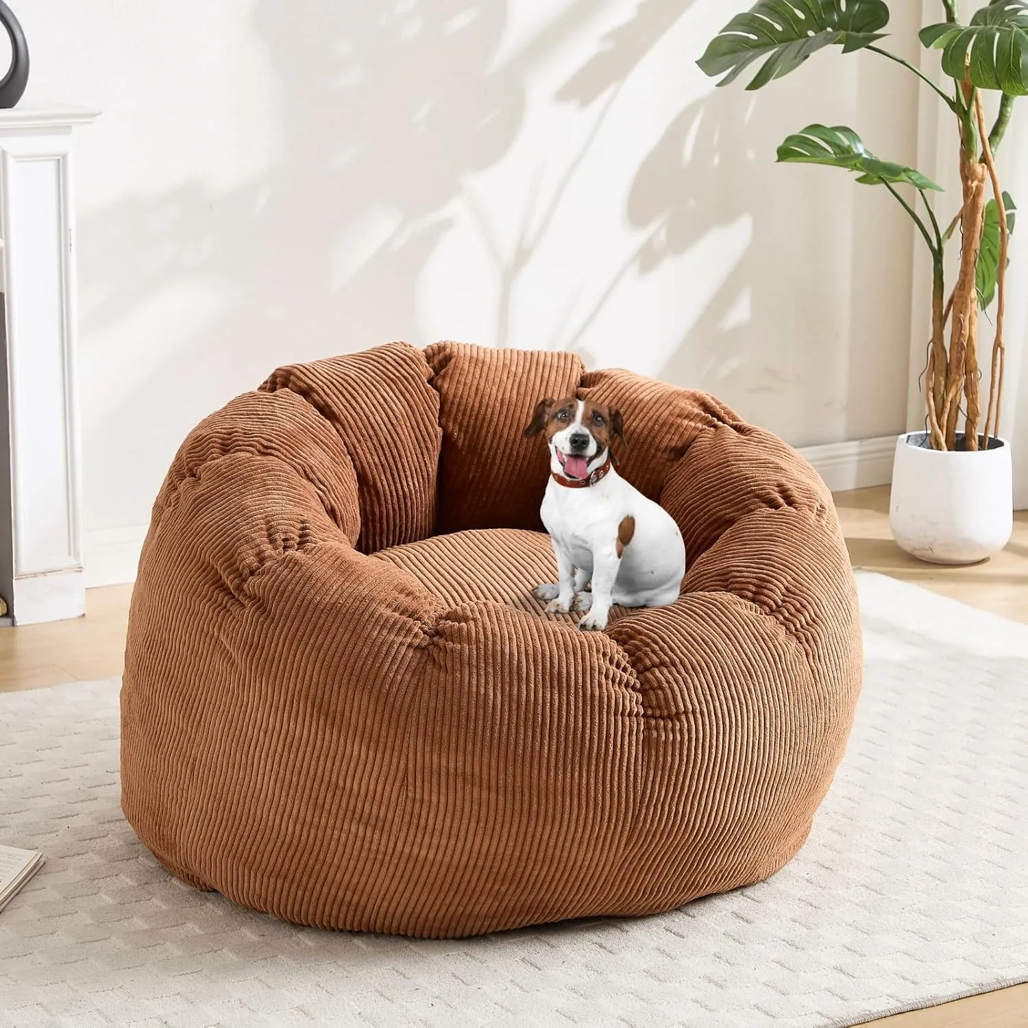 LukeAlon Bean Bag Chair with Filler, Corduroy Bean Bag Chairs for Adults with Petal Armrest Fluffy Bean Bag Sofa Floor Chair Comfy Chair Sofa for Bedroom, Living Room, Game, (44"×44"×26") Brown