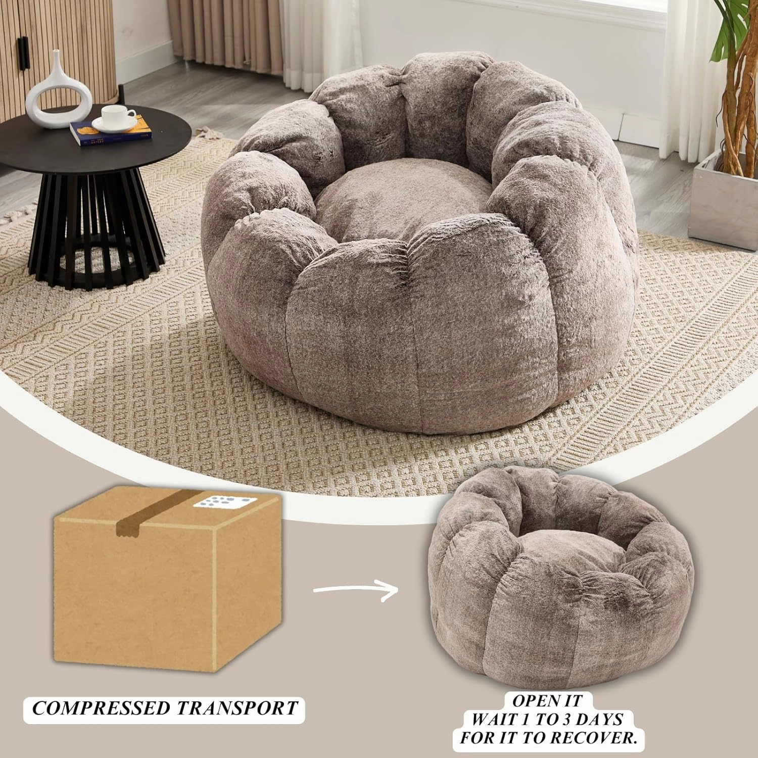 LukeAlon Bean Bag Chair with Filler, Faux Fur Bean Bag Chairs for Adults with Petal Armrest Fluffy Bean Bag Sofa Floor Chair Comfy Chair Sofa for Bedroom, Living Room, Game, (44"×44"×26") Brown