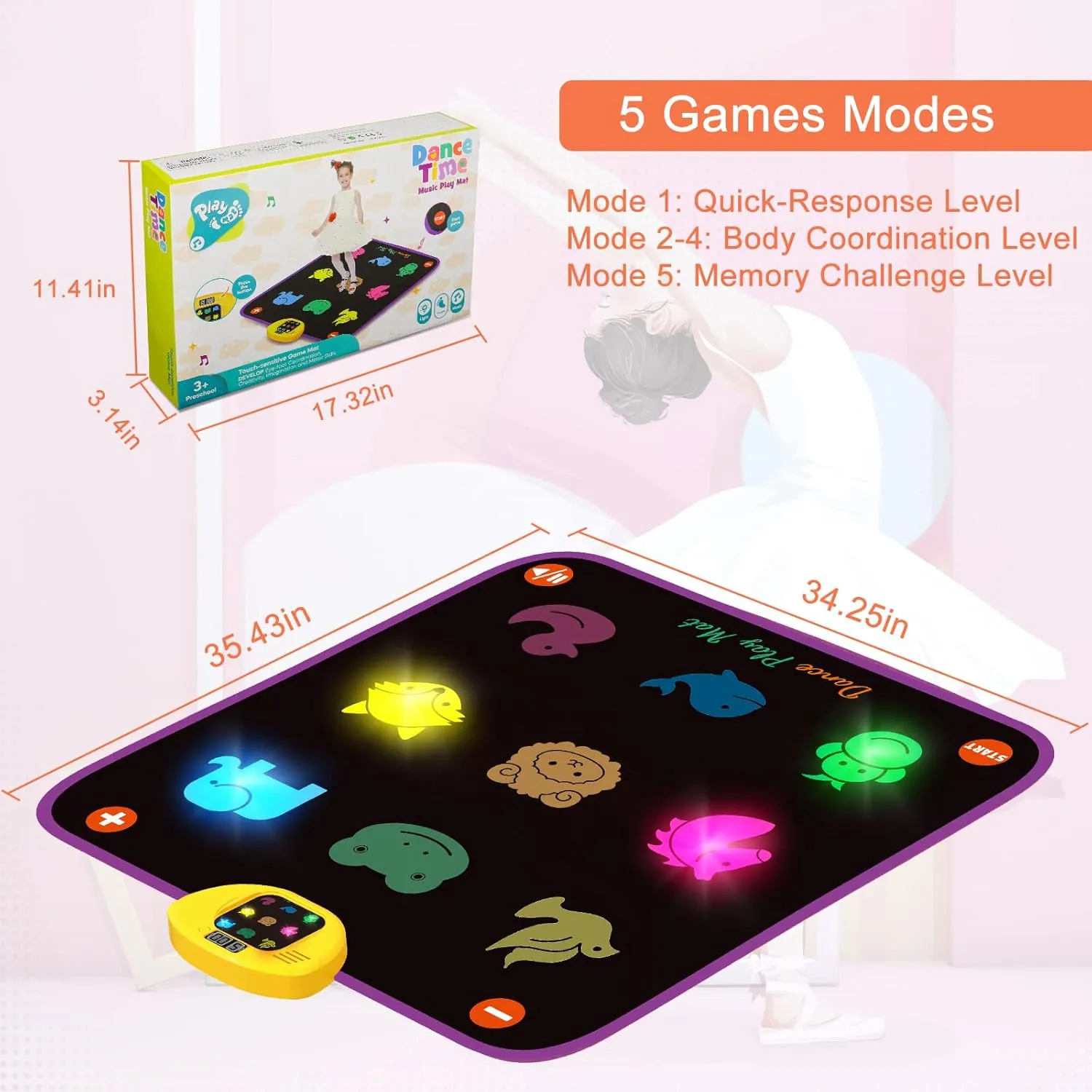 Luminous Dance Mat for Kids, Great Volume Control, Small Animal Dance Pad with 5 Gaming Modes, Large Size 35'' X 40'', Ideas Birthday Toys for Age 3  Year Old…