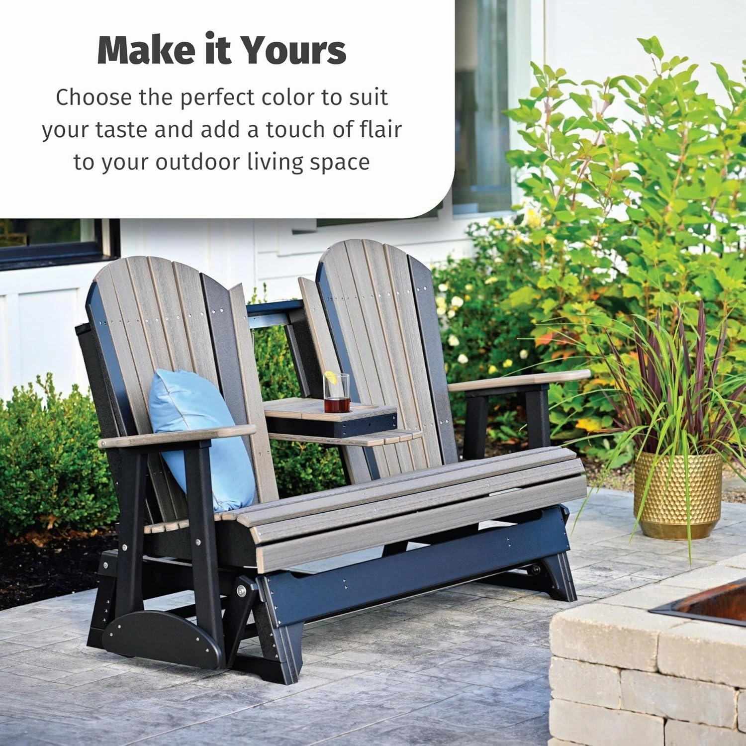 LuxCraft 5' Adirondack Double Glider Bench, 2 Person Outdoor Glider Chair, Outdoor Gliding Loveseat (Coastal Gray & Black)