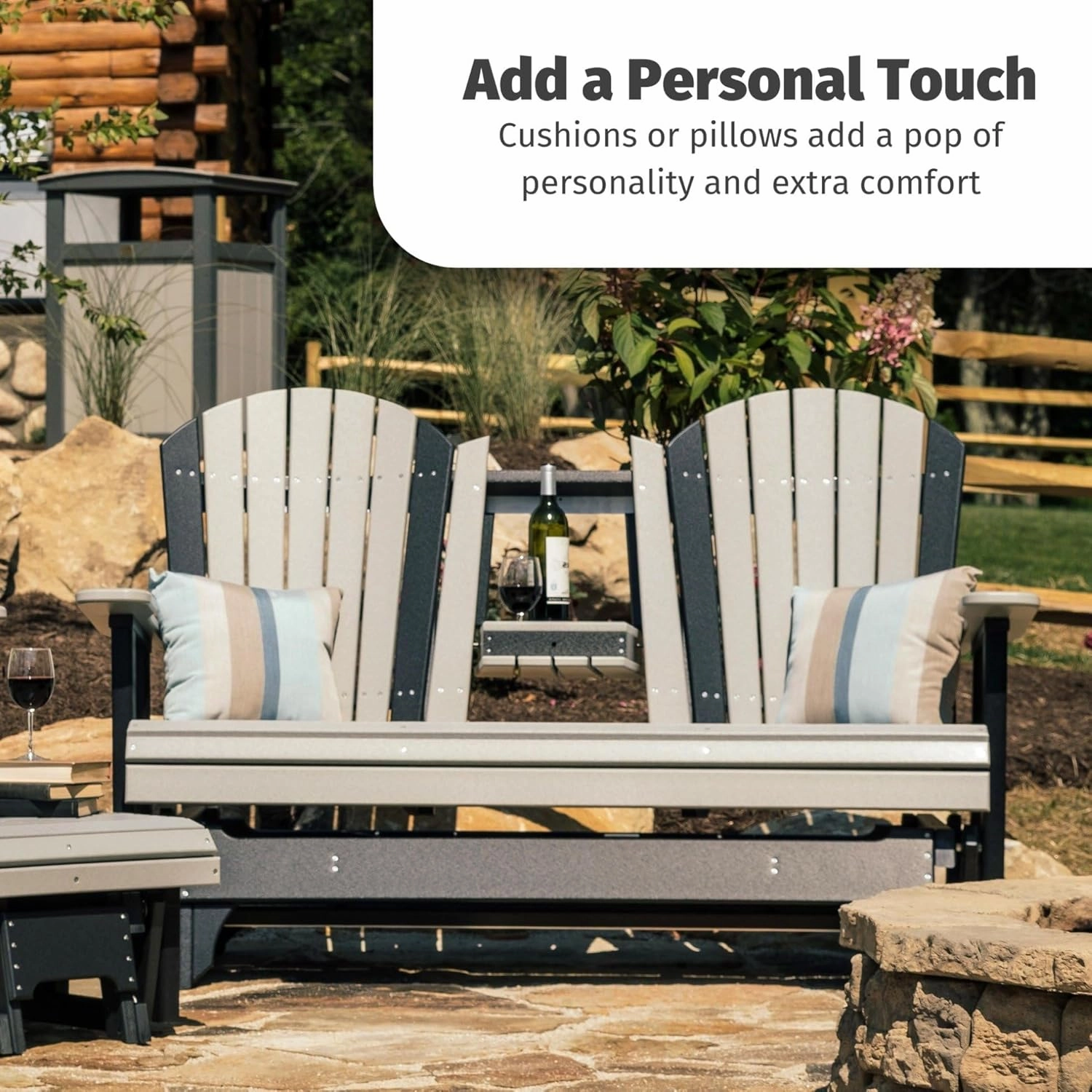 LuxCraft 5' Adirondack Double Glider Bench, 2 Person Outdoor Glider Chair, Outdoor Gliding Loveseat (Coastal Gray & Black)