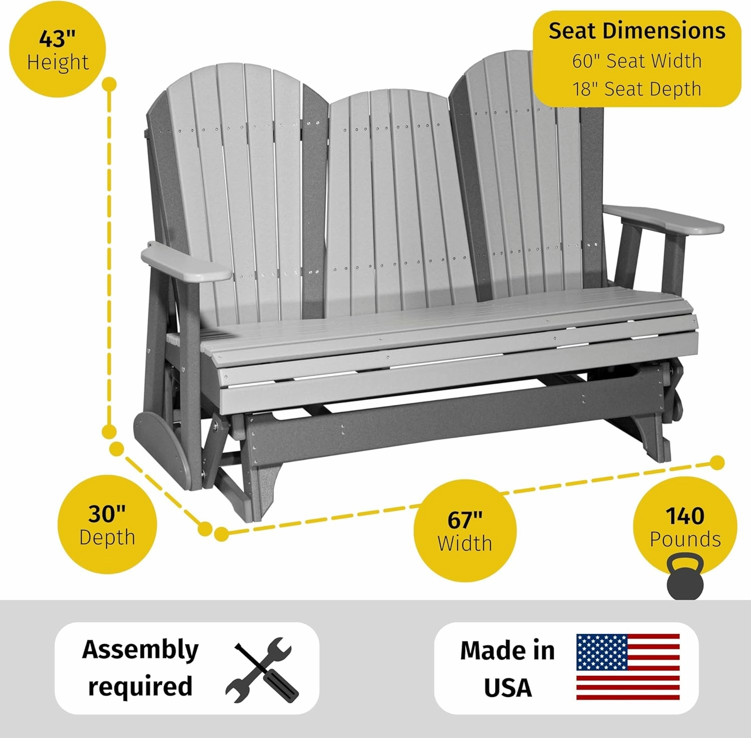 LuxCraft 5' Adirondack Double Glider Bench, 2 Person Outdoor Glider Chair, Outdoor Gliding Loveseat (Coastal Gray & Black)