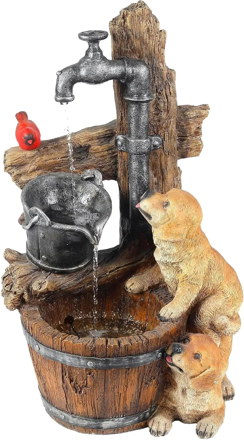LuxenHome Outdoor Water Fountain, 30 Inch Puppies and Pump Resin Water Fountains Indoor with LED Lights, Farmhouse Waterfall Outdoor, Indoor Fountains and Waterfalls for Patio, Garden Decor
