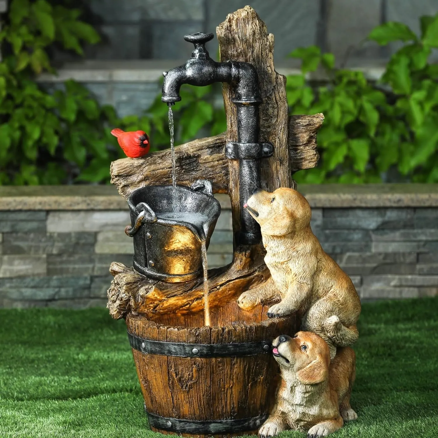 LuxenHome Outdoor Water Fountain, 30 Inch Puppies and Pump Resin Water Fountains Indoor with LED Lights, Farmhouse Waterfall Outdoor, Indoor Fountains and Waterfalls for Patio, Garden Decor
