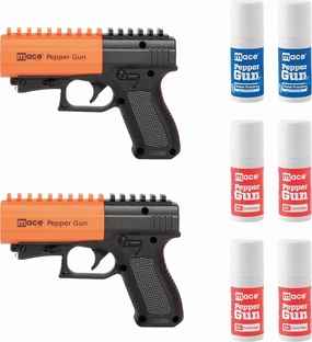 MACE Brand Self Defense Bundle, Includes 2 Pepper Spray 2.0 Guns and 6 Refill Canisters, Accurate 20’ Powerful Pepper Spray That Leaves UV Dye on Skin, Integrated LED Light Enhances Aim, Black
