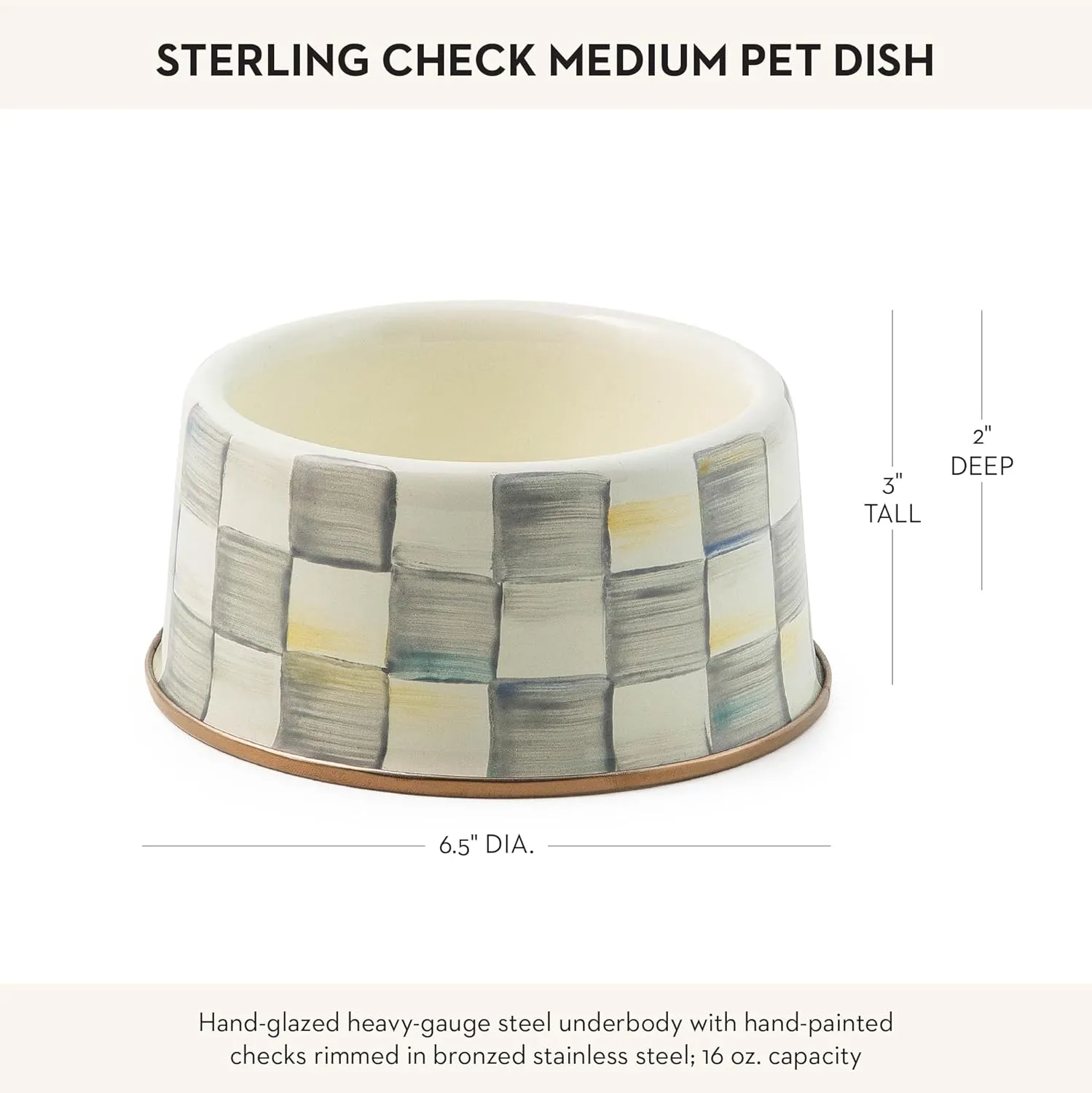 MACKENZIE-CHILDS Pet Bowl, Cute Cat and Dog Bowl for Food and Water, Gray-and-White Sterling Check, Medium