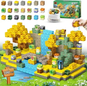 Magnetic Blocks Toys, 100PCS Magnetic Building Blocks Toys Based on Classic Games, STEM Magnets Sensory Toys for Kids, Magnetic Building Blocks Suitable for Boys Girls 4  (Yellow)