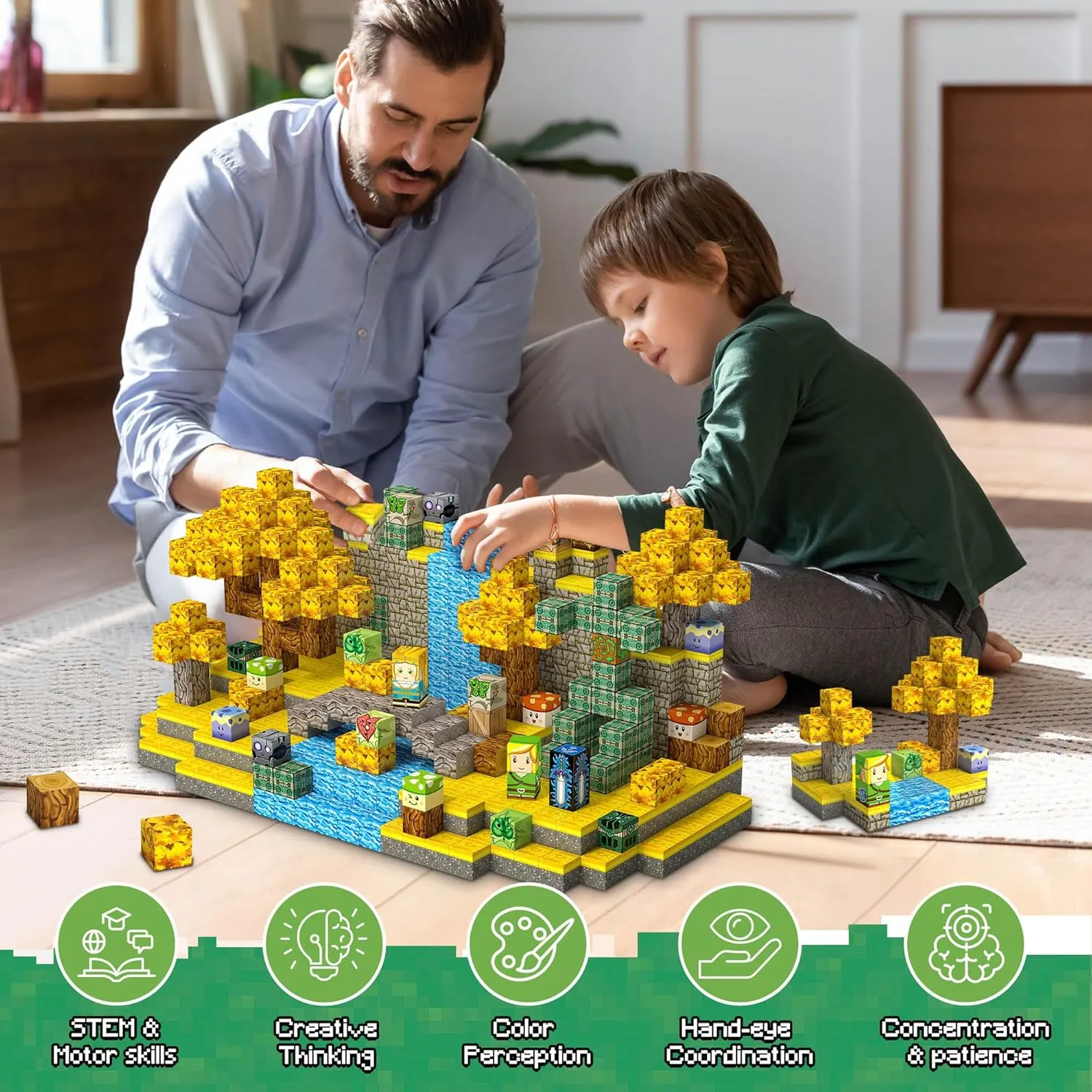 Magnetic Blocks Toys, 100PCS Magnetic Building Blocks Toys Based on Classic Games, STEM Magnets Sensory Toys for Kids, Magnetic Building Blocks Suitable for Boys Girls 4  (Yellow)