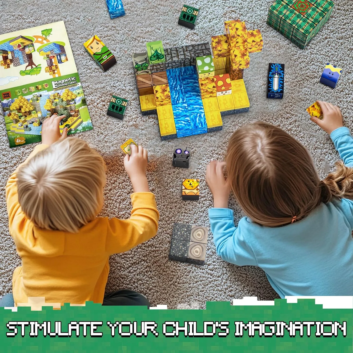 Magnetic Blocks Toys, 100PCS Magnetic Building Blocks Toys Based on Classic Games, STEM Magnets Sensory Toys for Kids, Magnetic Building Blocks Suitable for Boys Girls 4  (Yellow)