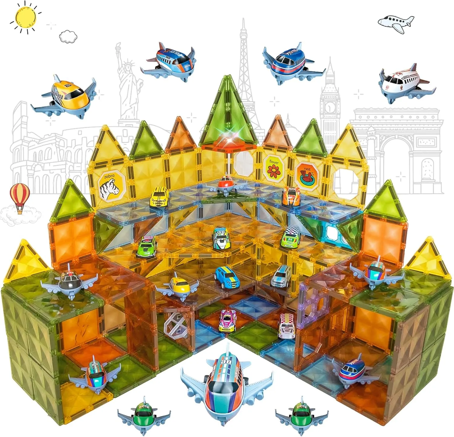 Magnetic Tiles Diamond Series with Lights 4 Pull-Back Metal Cars&7 Airplanes Magnet Tiles Building Block Toy for Kids Educational Construction STEM Toy, Great Gift for Kids Aged 3-8