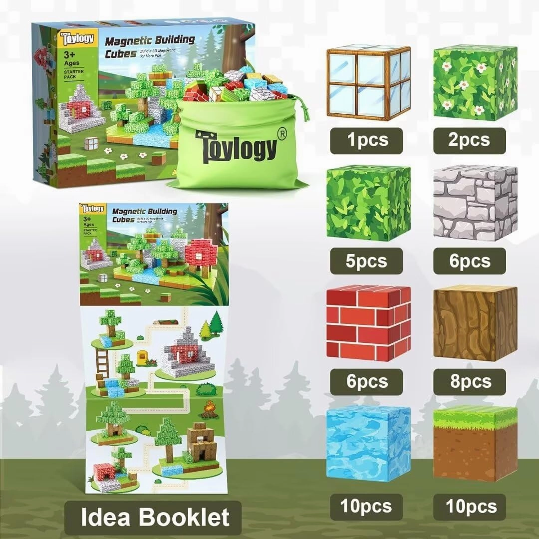 Magnetic Blocks-Build Mine Magnet World Edition, Magnetic Toys for Boys & Girls Age 3-4 4-5 6-8,STEM Montessori Sensory Toys for Toddlers Gifts for 3  Years Old,48PCS Fidget 1" Cubes Construction Toy