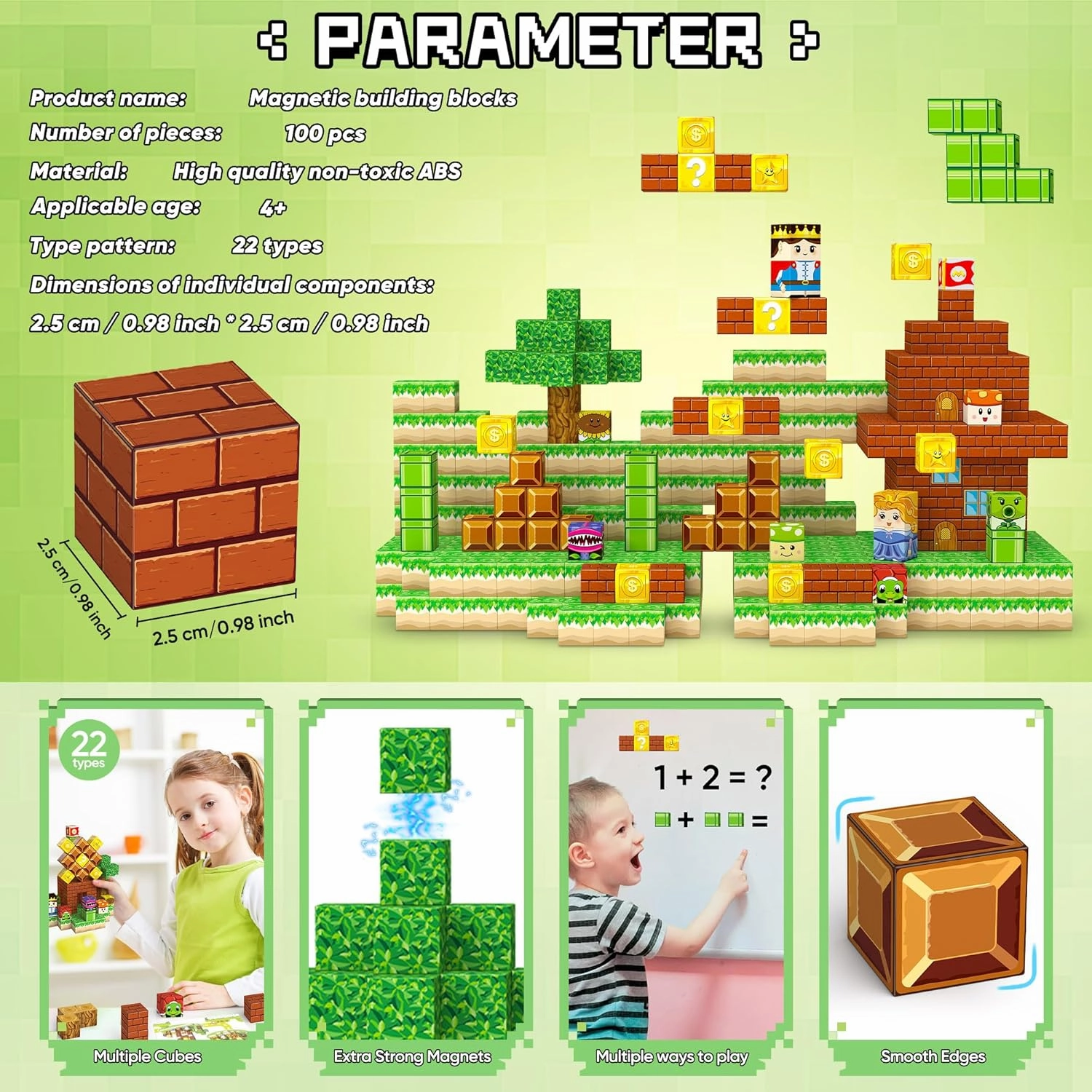 Magnetic Blocks Toys, 100PCS Magnetic Building Toys Based on The Game Super Plumber, STEM Magnets Sensory Toys for Kids, Magnetic Building Blocks Suitable for Boys Girls 4  (Green)