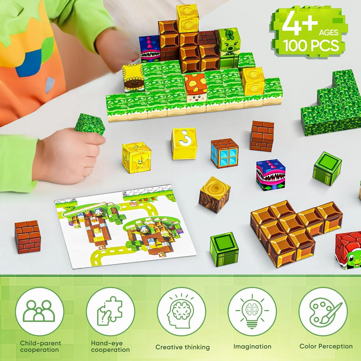 Magnetic Blocks Toys, 100PCS Magnetic Building Toys Based on The Game Super Plumber, STEM Magnets Sensory Toys for Kids, Magnetic Building Blocks Suitable for Boys Girls 4  (Green)