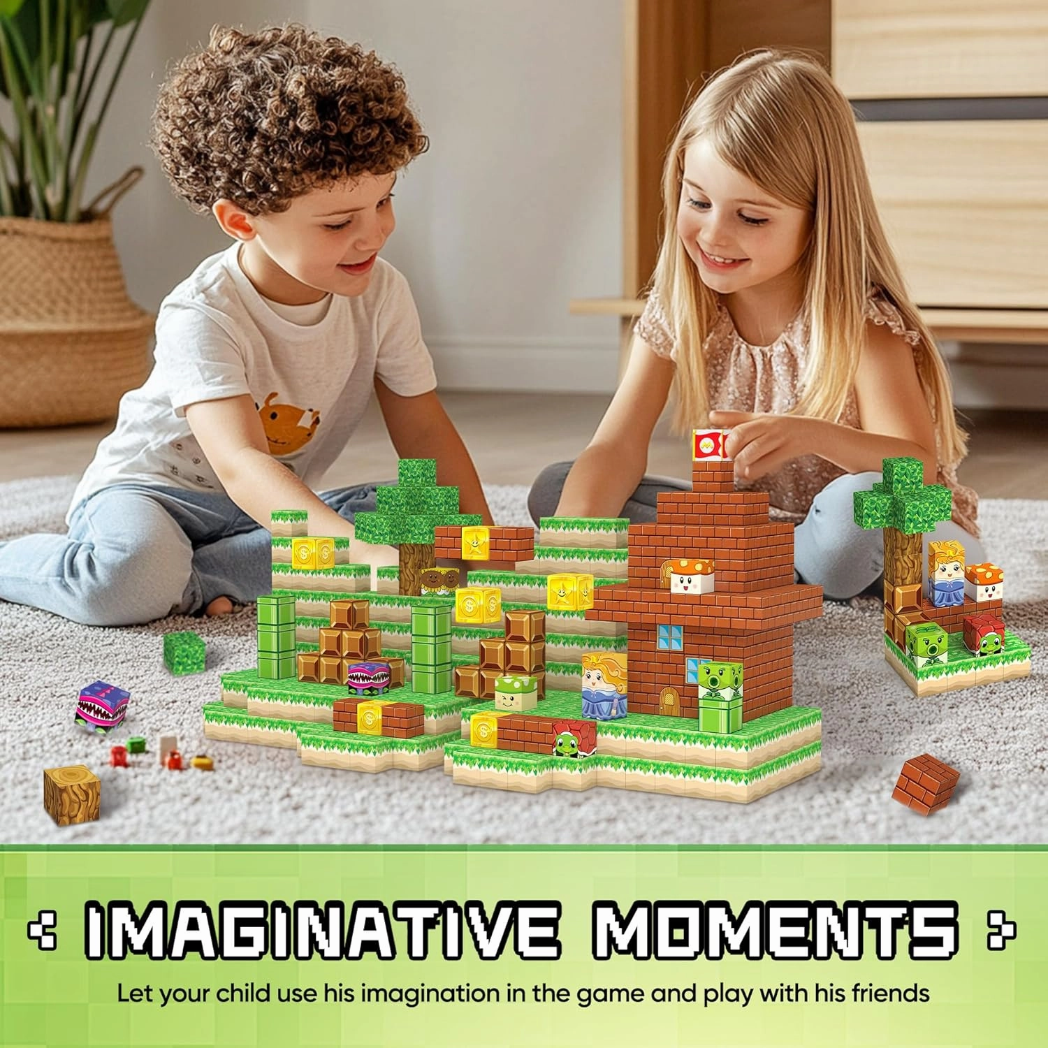 Magnetic Blocks Toys, 100PCS Magnetic Building Toys Based on The Game Super Plumber, STEM Magnets Sensory Toys for Kids, Magnetic Building Blocks Suitable for Boys Girls 4  (Green)