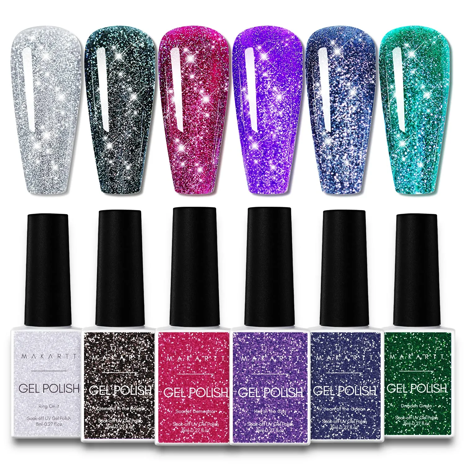 Makartt Gel Nail Polish Set, 6 Colors Reflective Glitter Gel, Red, Black, Purple Soak Off Sparkle Nail Polish for Nail Art, DIY Manicure, Salon Use, Gift for Women - 8ML