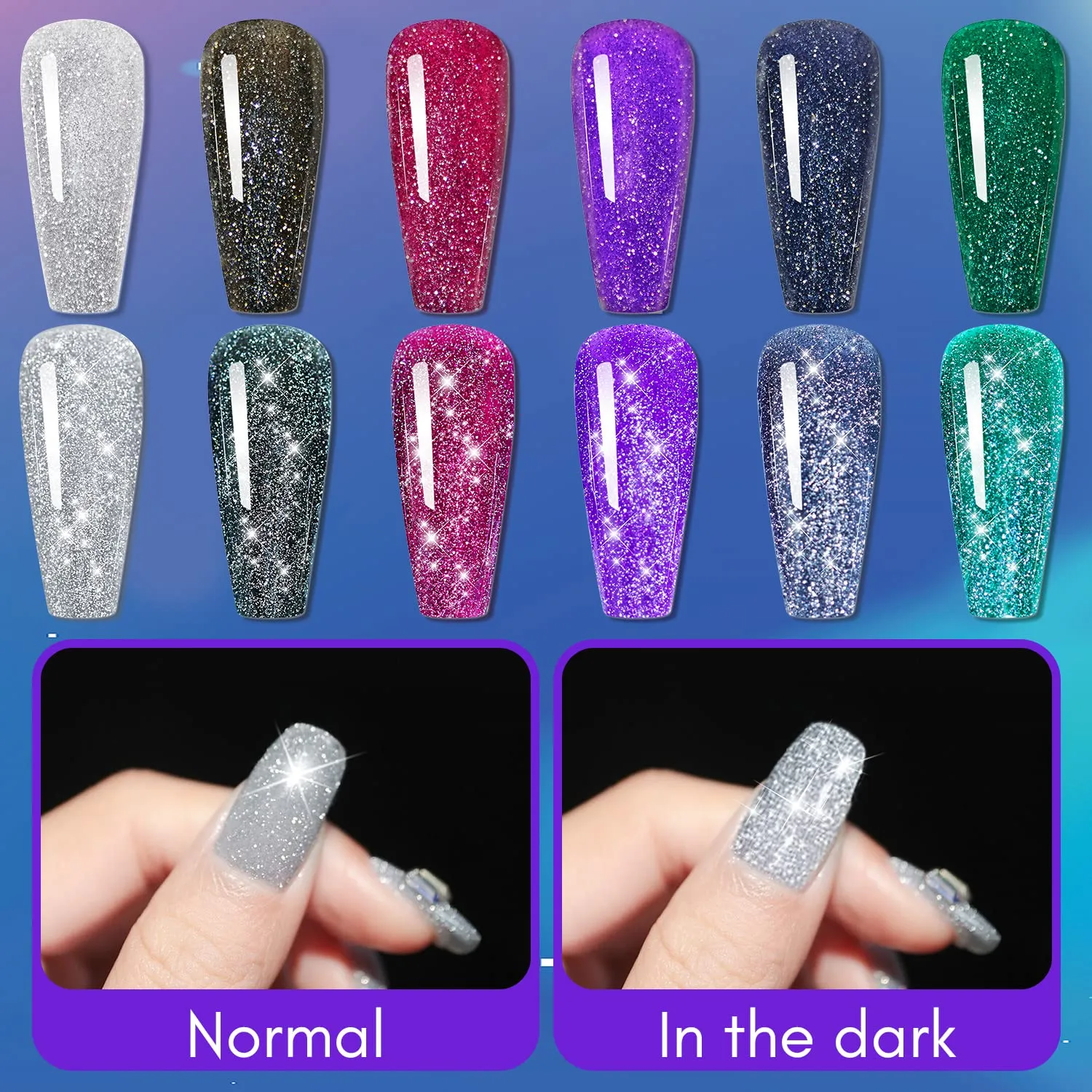 Makartt Gel Nail Polish Set, 6 Colors Reflective Glitter Gel, Red, Black, Purple Soak Off Sparkle Nail Polish for Nail Art, DIY Manicure, Salon Use, Gift for Women - 8ML