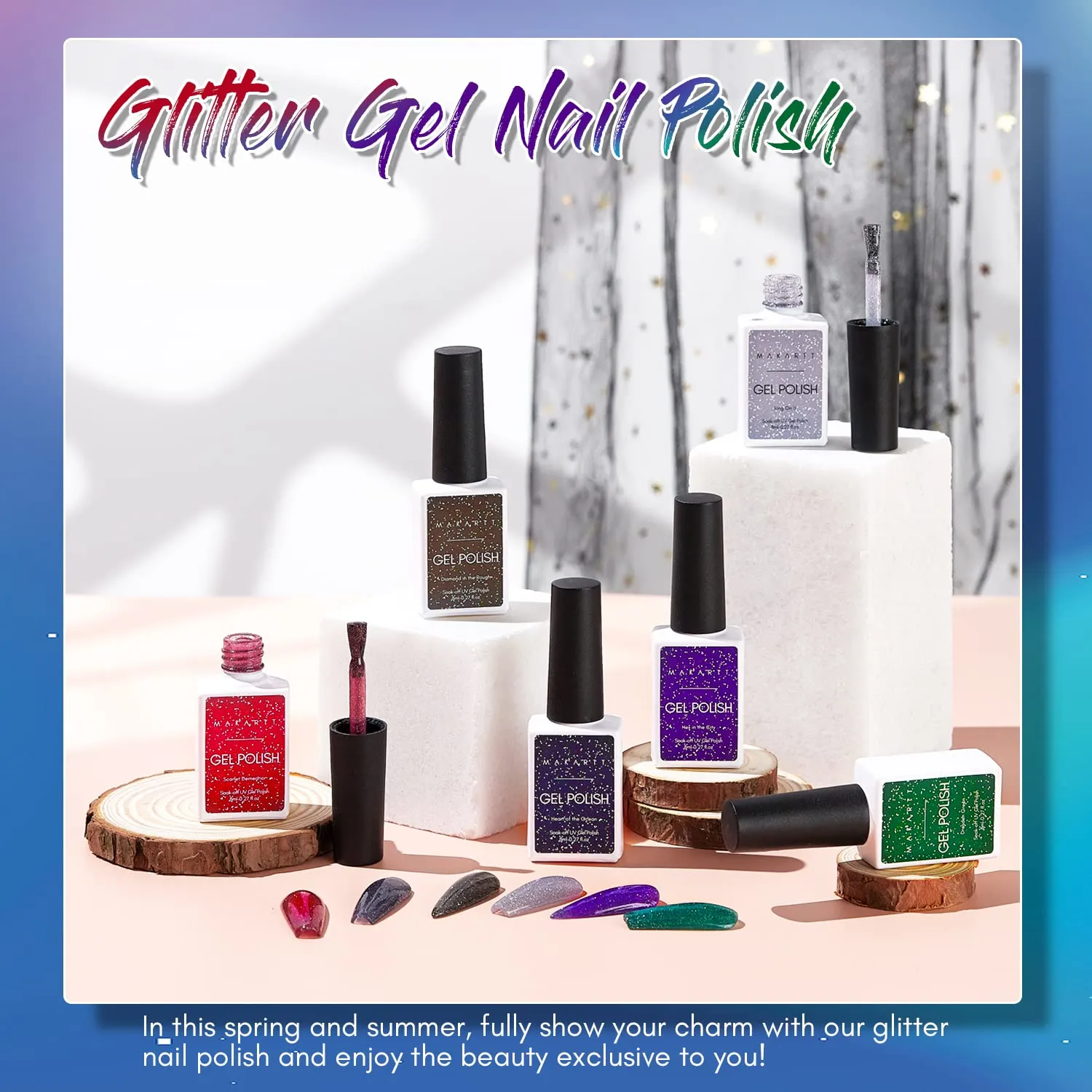 Makartt Gel Nail Polish Set, 6 Colors Reflective Glitter Gel, Red, Black, Purple Soak Off Sparkle Nail Polish for Nail Art, DIY Manicure, Salon Use, Gift for Women - 8ML