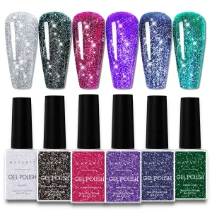 Makartt Gel Nail Polish Set, 6 Colors Reflective Glitter Gel, Red, Black, Purple Soak Off Sparkle Nail Polish for Nail Art, DIY Manicure, Salon Use, Gift for Women - 8ML