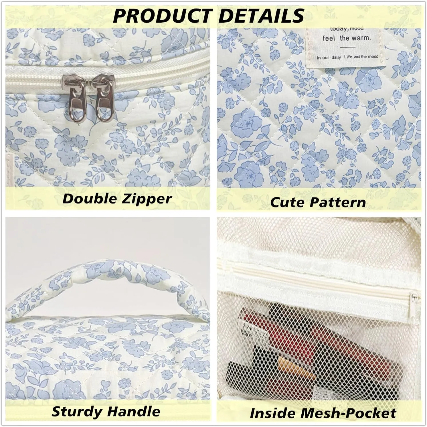 Makeup Bag, Quilted Makeup Bag Set of 3, Large Floral Make Up Bag for Women, Cotton Makeup Bag with Handle, Cosmetic Bag Organizer for Women Travel Set (Light Blue Flower)