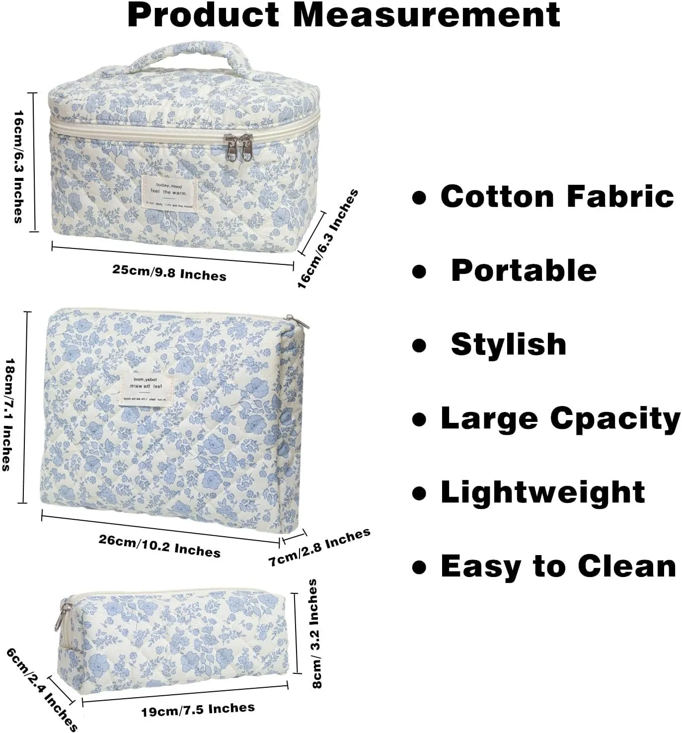Makeup Bag, Quilted Makeup Bag Set of 3, Large Floral Make Up Bag for Women, Cotton Makeup Bag with Handle, Cosmetic Bag Organizer for Women Travel Set (Light Blue Flower)