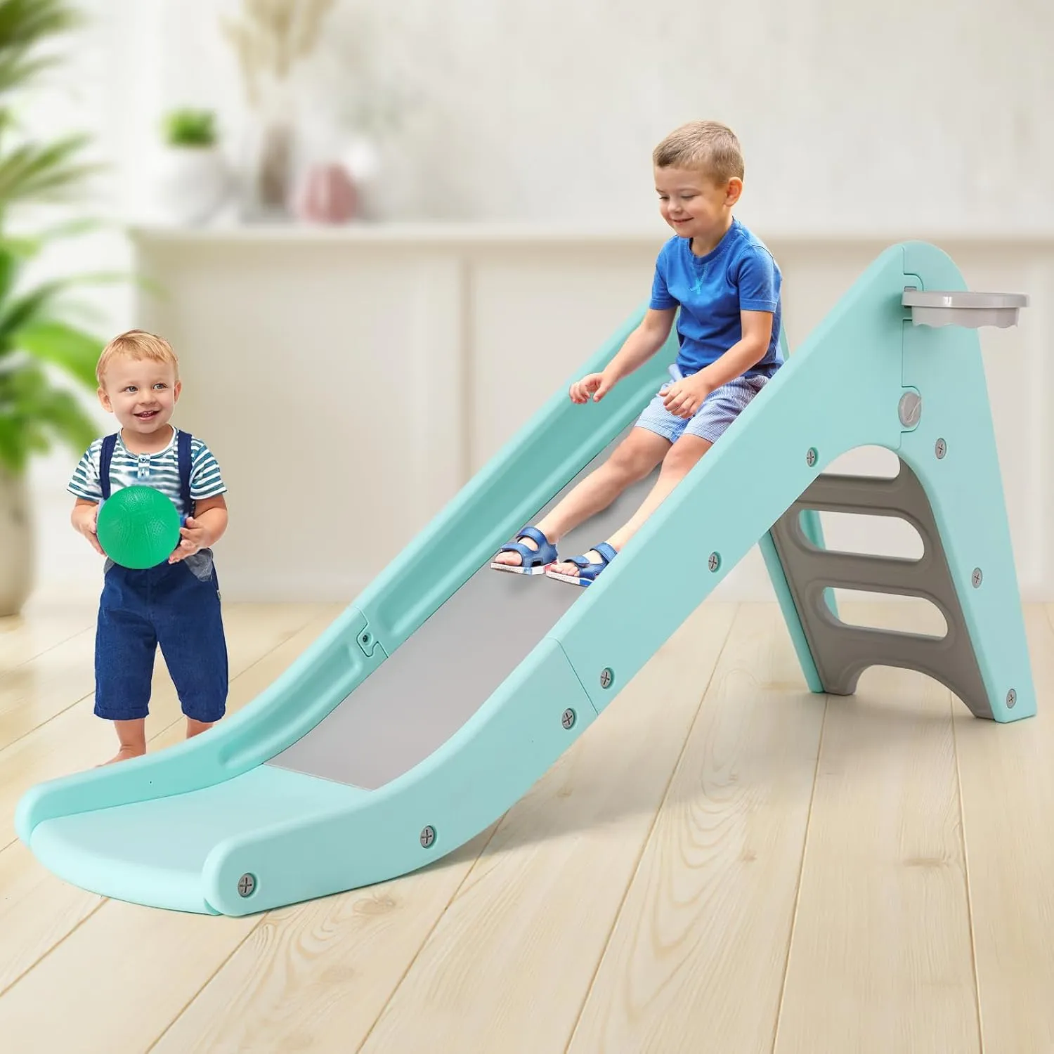 MAMIZO Freestanding Toddler Slide, Kid Slide Climbing with Basketball Hoop & Ball, Playset Slide with Extended Buffer Slide, Indoor/Outdoor Baby Slides for 3 Years  (Robin Egg Blue)