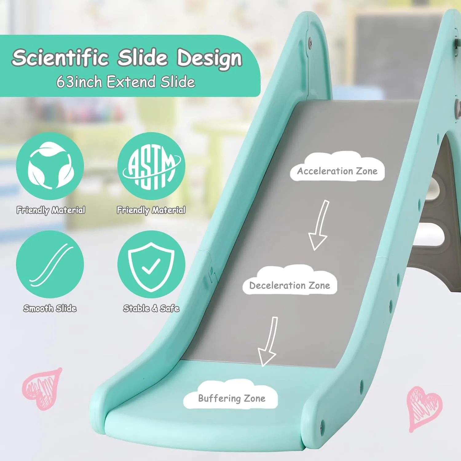 MAMIZO Freestanding Toddler Slide, Kid Slide Climbing with Basketball Hoop & Ball, Playset Slide with Extended Buffer Slide, Indoor/Outdoor Baby Slides for 3 Years  (Robin Egg Blue)
