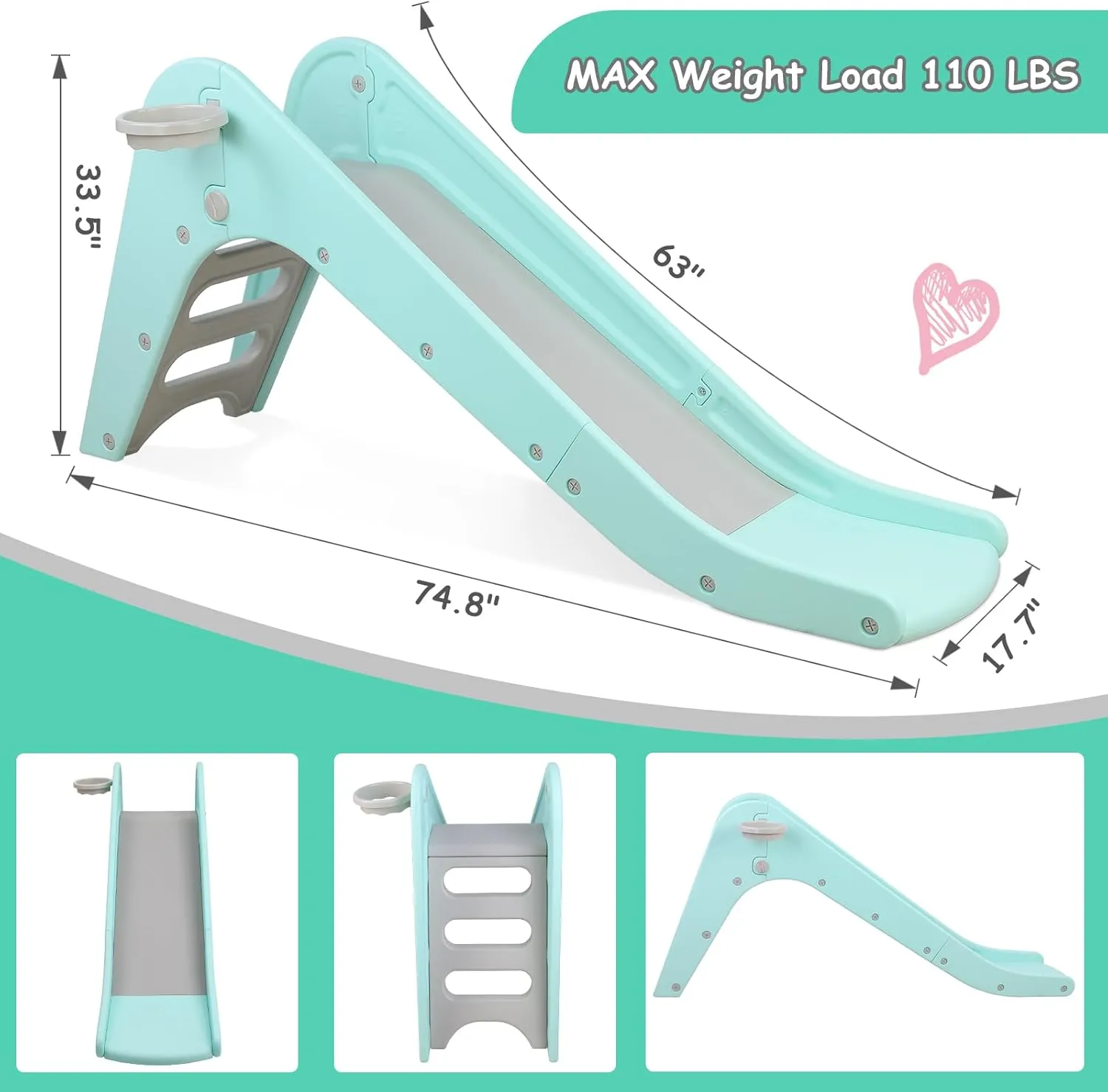 MAMIZO Freestanding Toddler Slide, Kid Slide Climbing with Basketball Hoop & Ball, Playset Slide with Extended Buffer Slide, Indoor/Outdoor Baby Slides for 3 Years  (Robin Egg Blue)