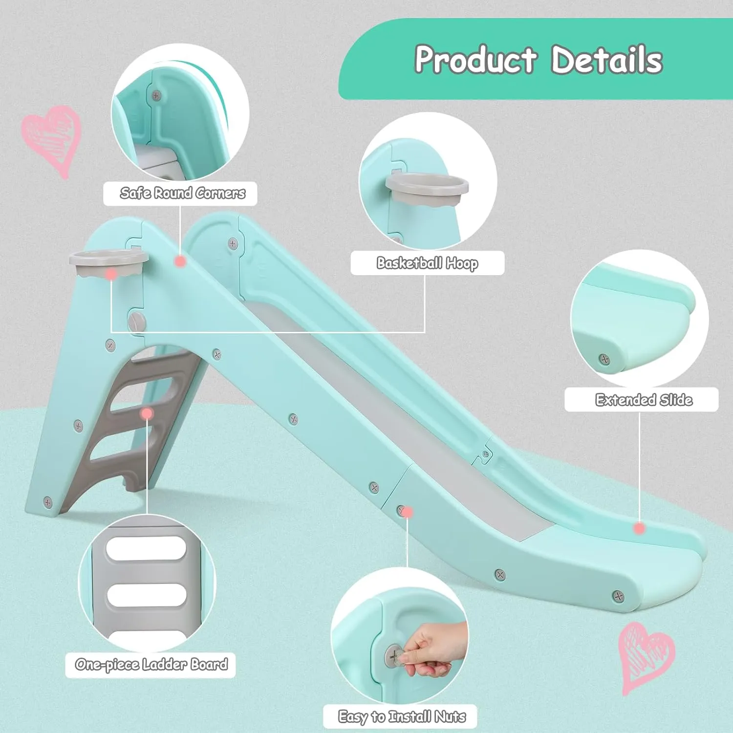 MAMIZO Freestanding Toddler Slide, Kid Slide Climbing with Basketball Hoop & Ball, Playset Slide with Extended Buffer Slide, Indoor/Outdoor Baby Slides for 3 Years  (Robin Egg Blue)