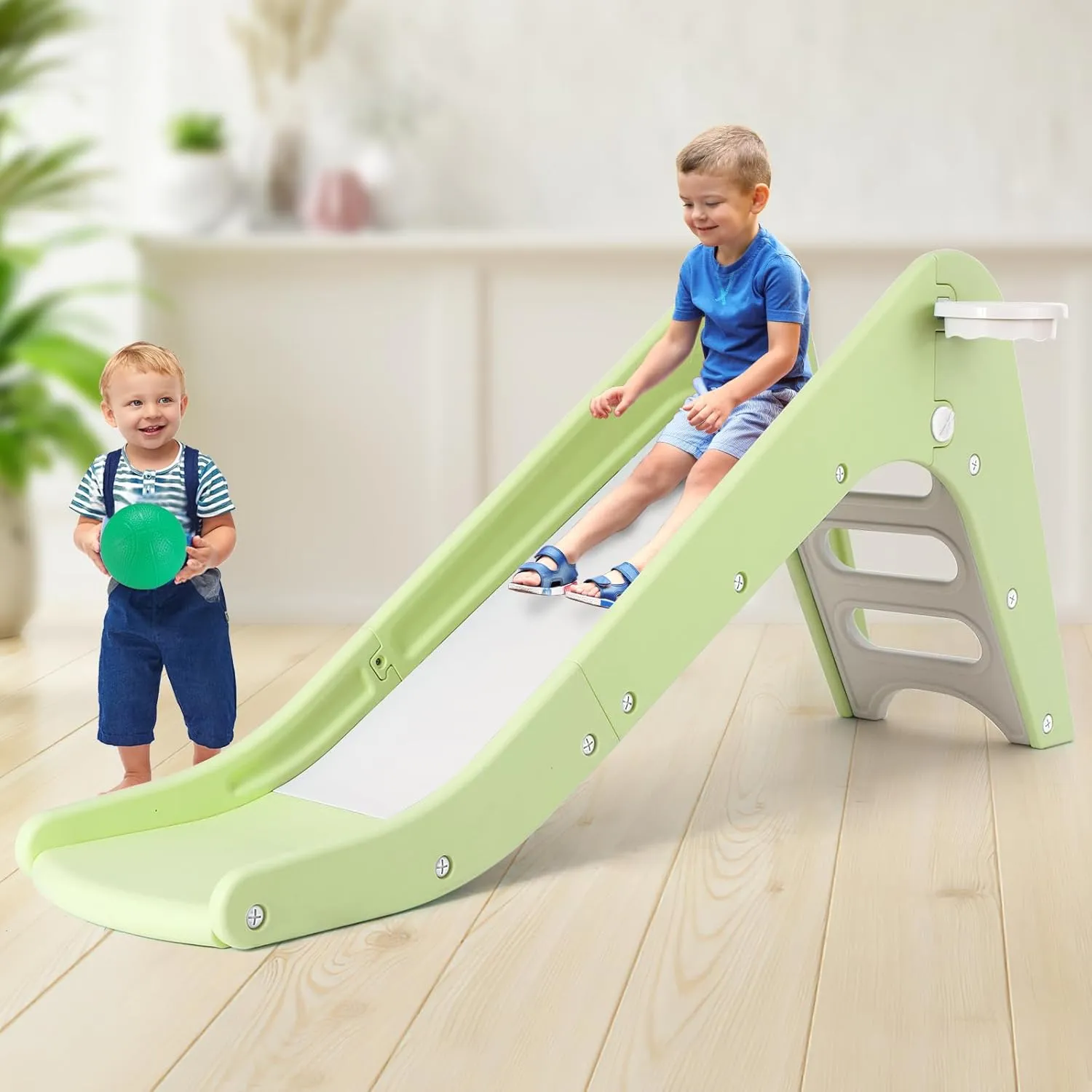 Mamizo Freestanding Toddler Slide with Basketball Hoop & Ball, Climbing Playset for 3  Years (Light Green)