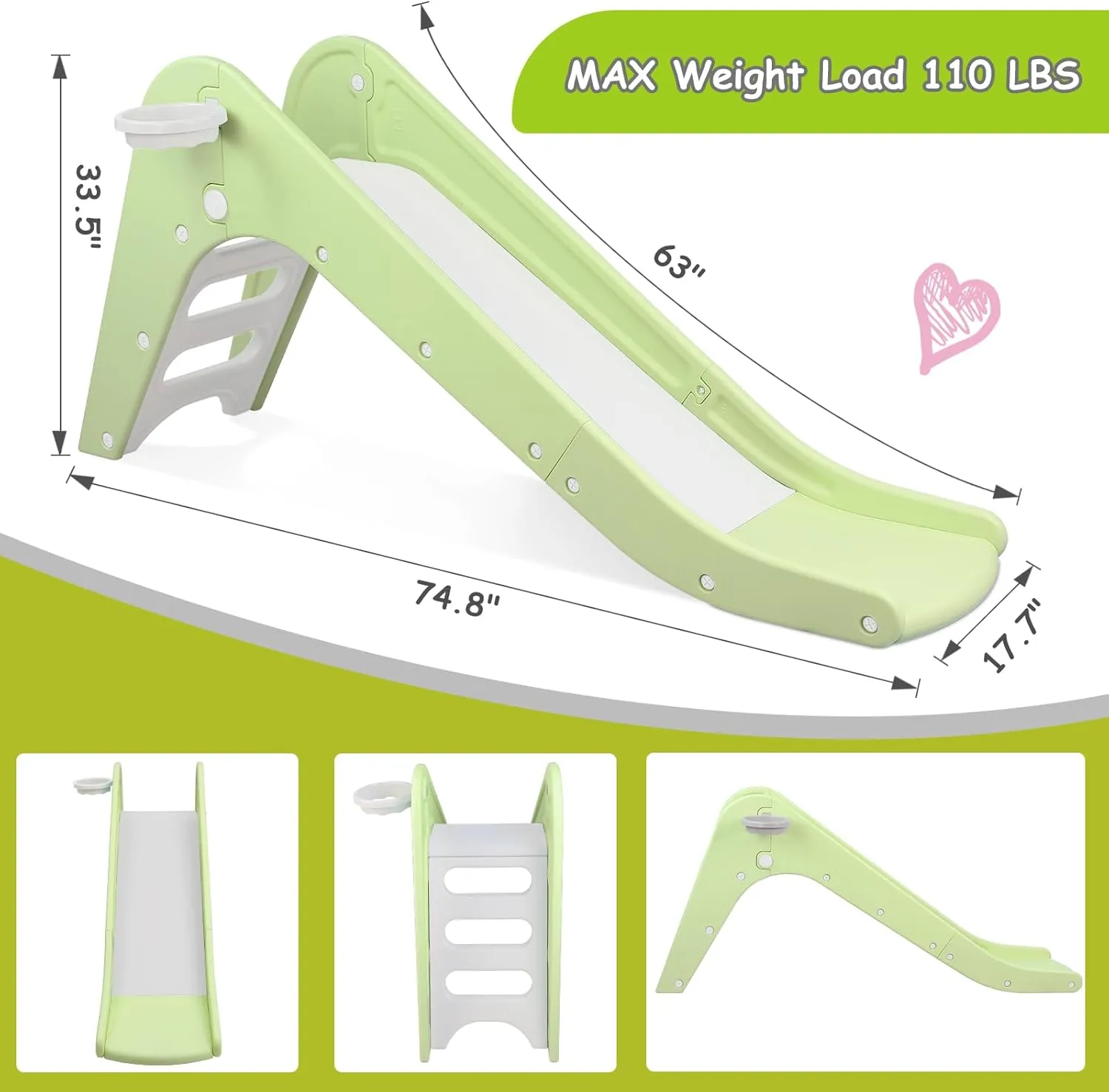 Mamizo Freestanding Toddler Slide with Basketball Hoop & Ball, Climbing Playset for 3  Years (Light Green)