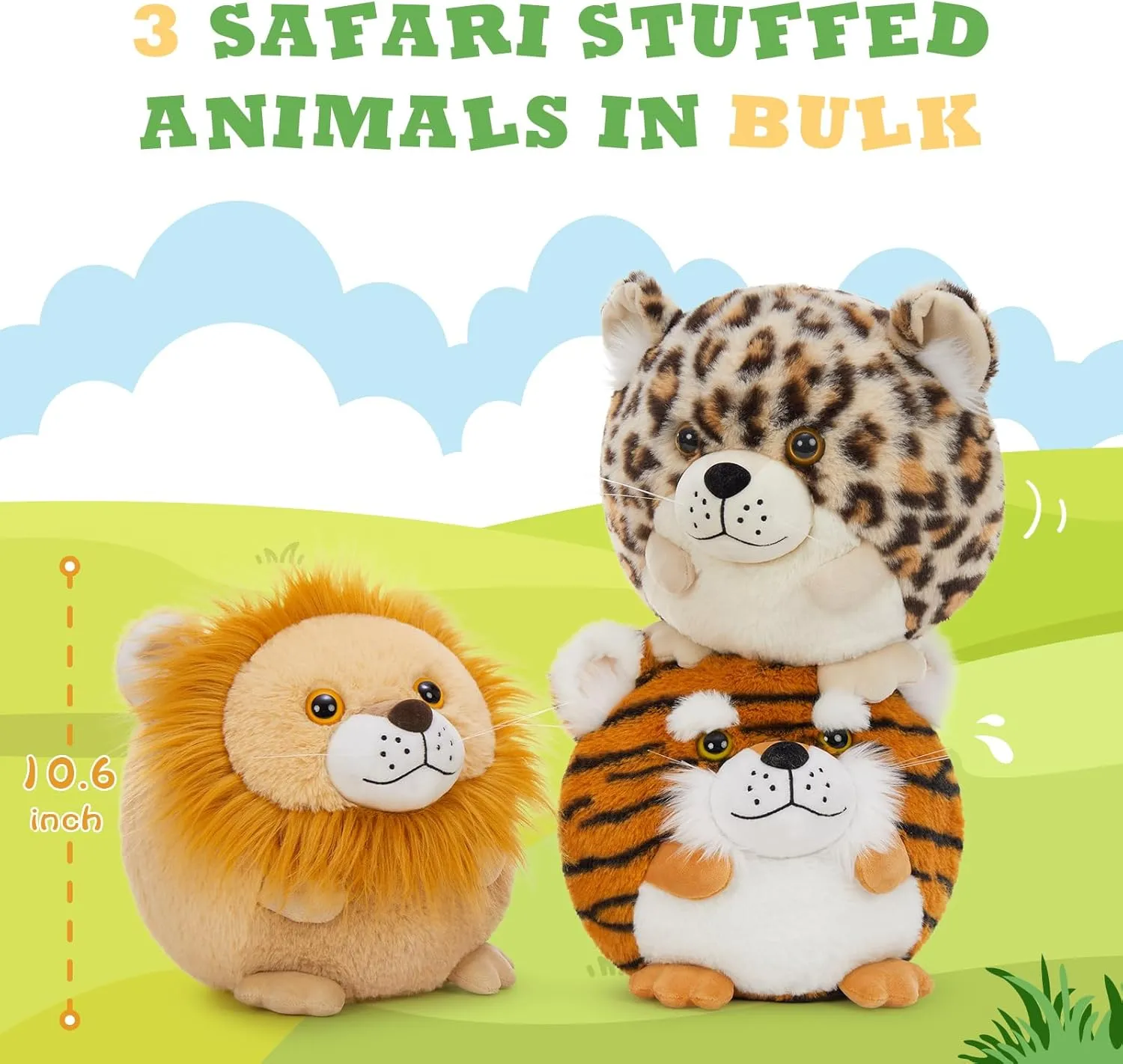 MaoGoLan 3 Pack Safari Stuffed Animals Bulk, 11'' Plush Lion Tiger Leopard Cheetah Toys Animal Shaped Throw Pillow for Teens Girls Kids Christmas Easter Valentine's Day Birthday Gift