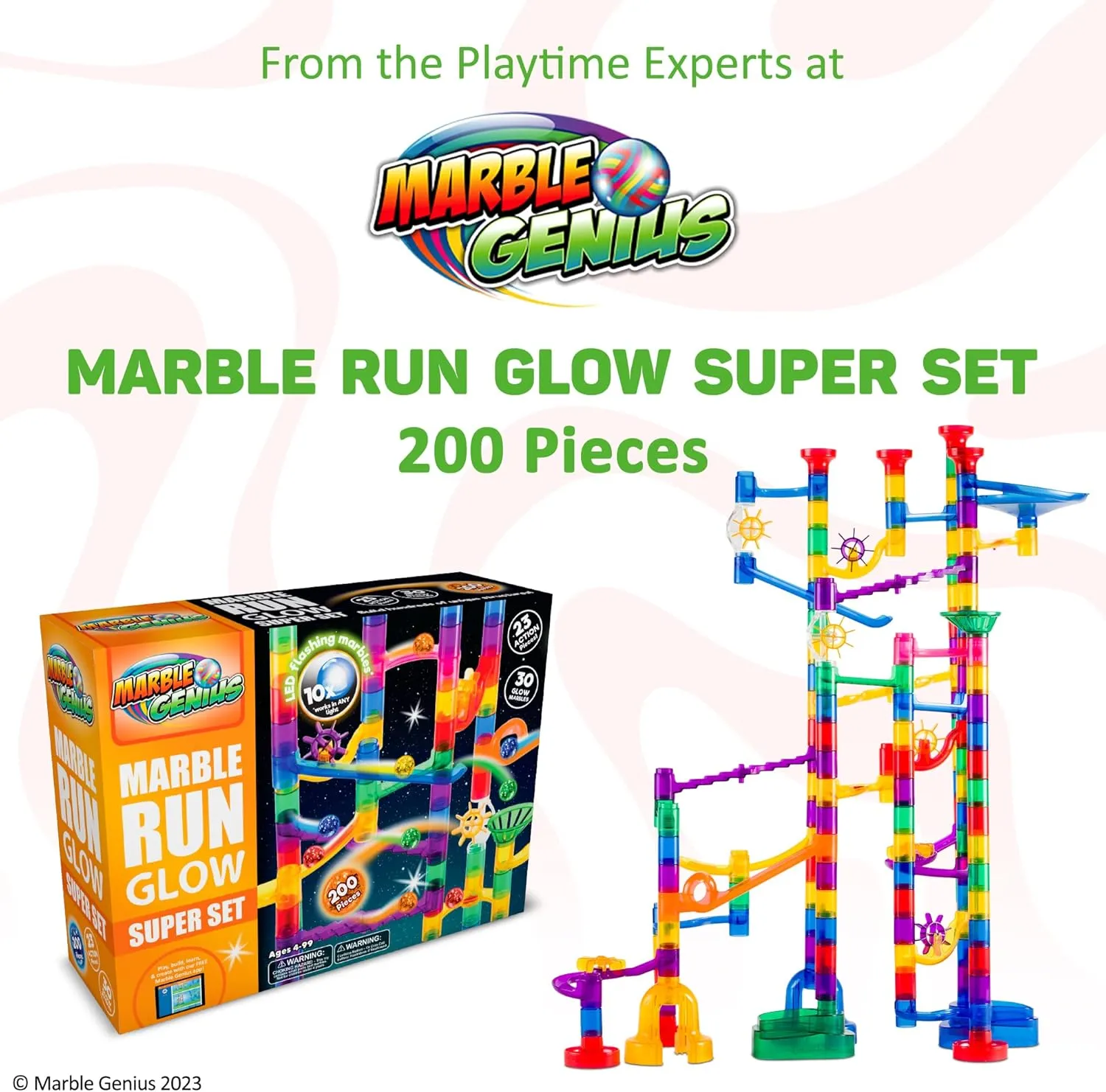 Marble Genius 200 pcs Glow Marble Run Track Race Super Set for Kids Age 4 , Glow in The Dark, STEM Educational Building Block, Color Instruction Manual, for Kids