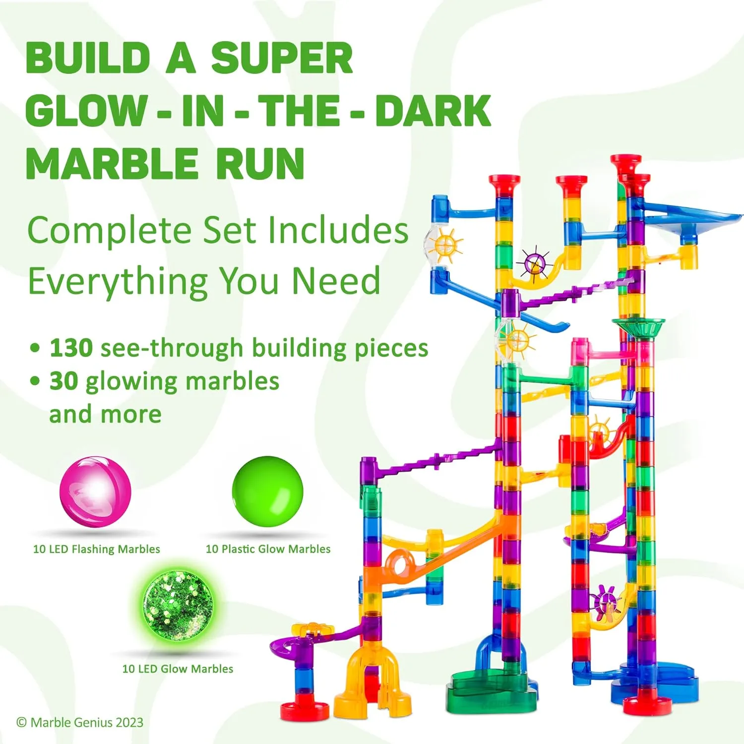 Marble Genius 200 pcs Glow Marble Run Track Race Super Set for Kids Age 4 , Glow in The Dark, STEM Educational Building Block, Color Instruction Manual, for Kids