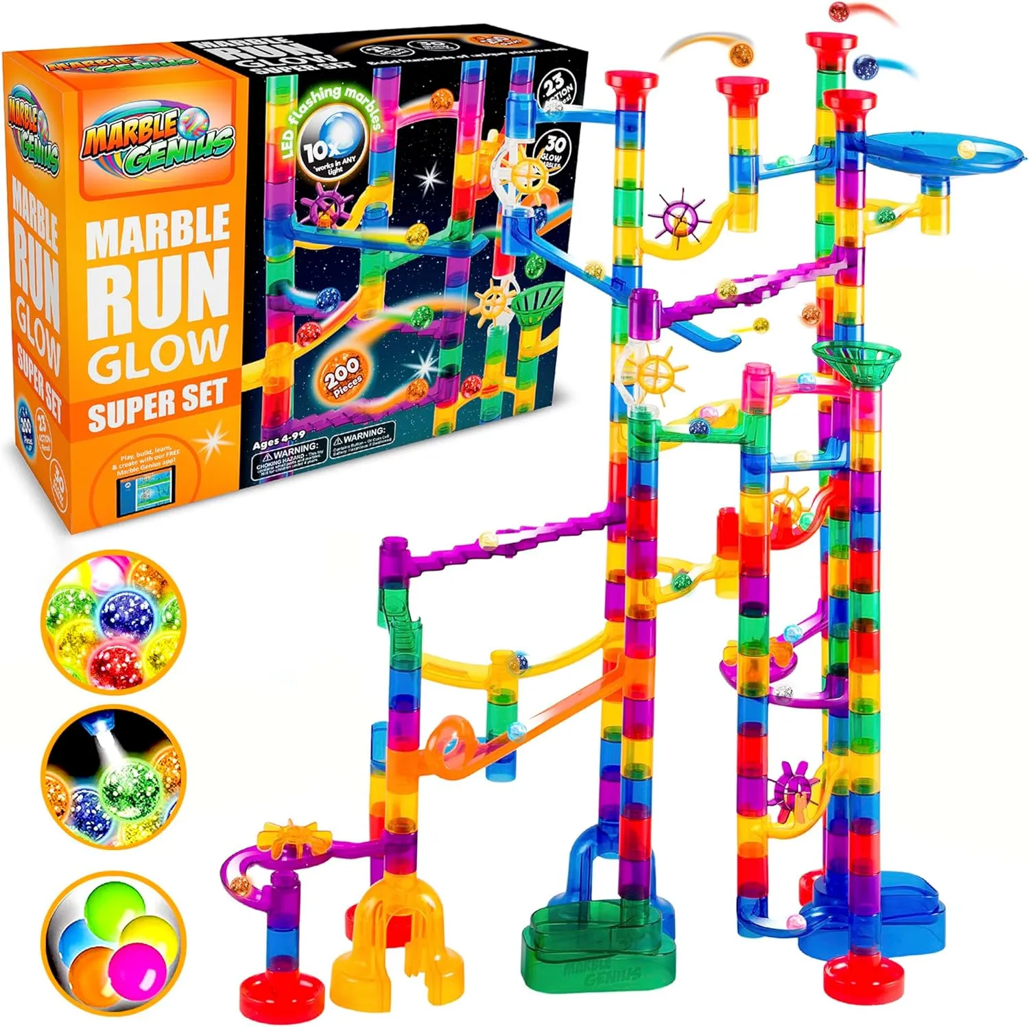 Marble Genius 200 pcs Glow Marble Run Track Race Super Set for Kids Age 4 , Glow in The Dark, STEM Educational Building Block, Color Instruction Manual, for Kids