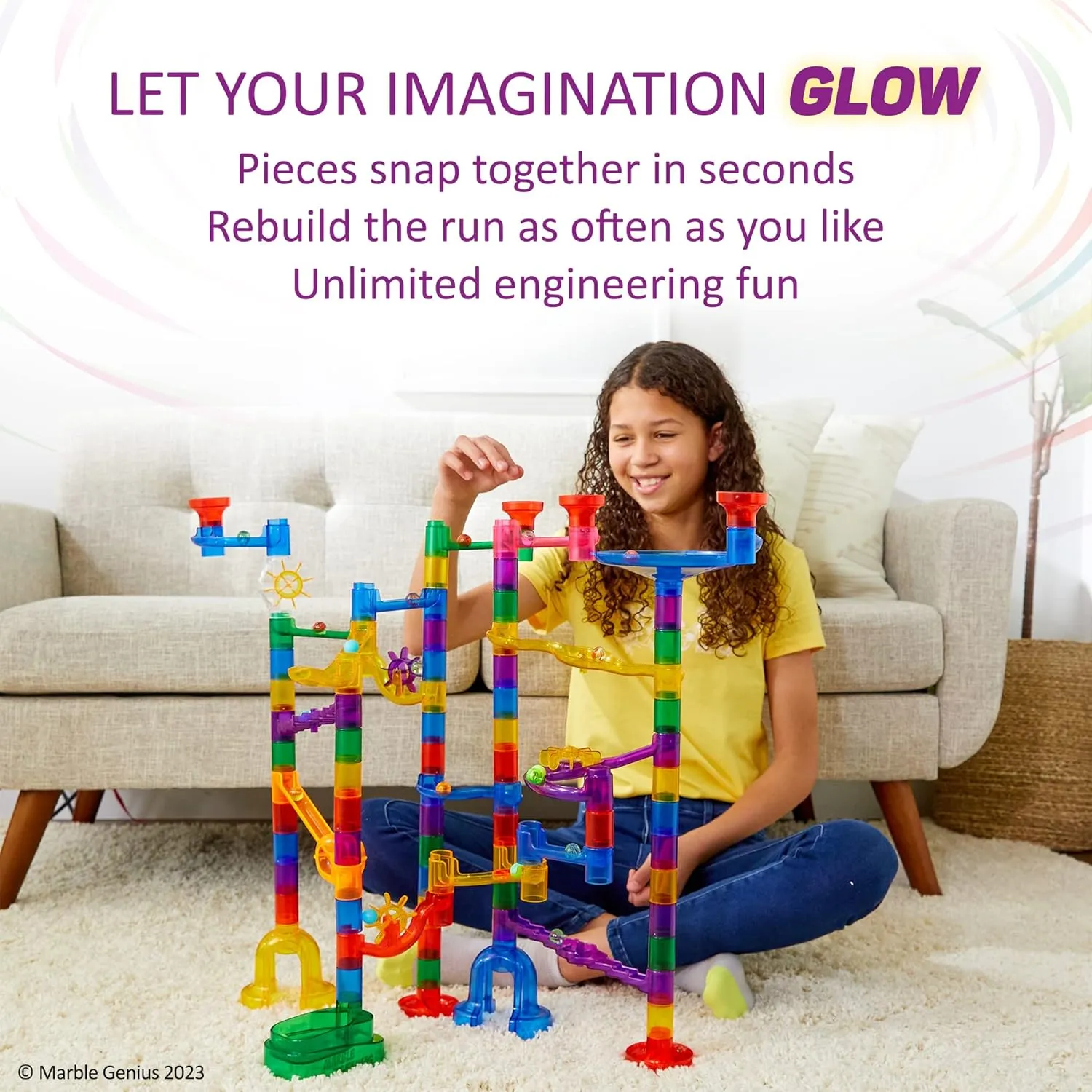 Marble Genius 200 pcs Glow Marble Run Track Race Super Set for Kids Age 4 , Glow in The Dark, STEM Educational Building Block, Color Instruction Manual, for Kids