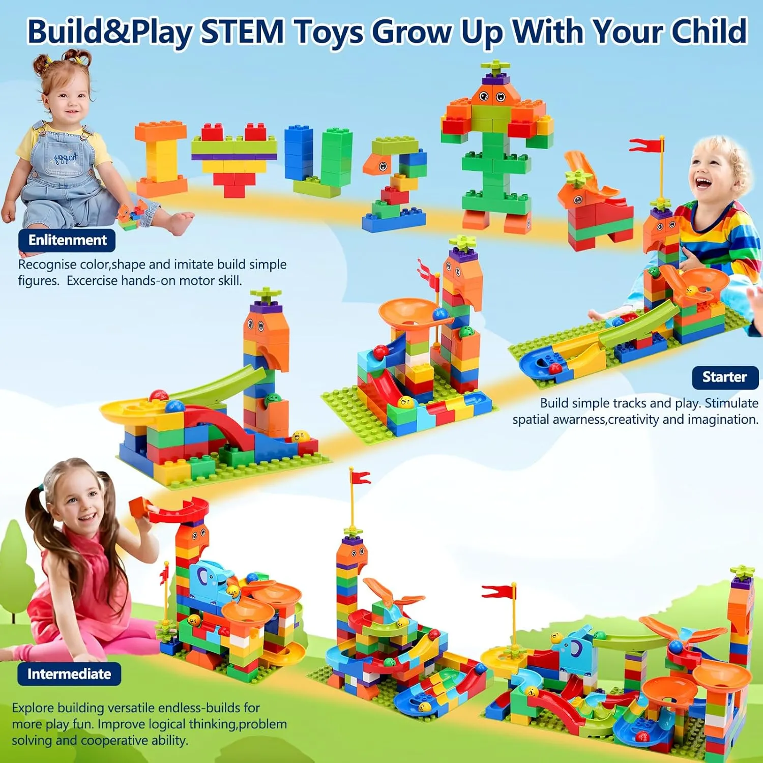 Marble Run Building Blocks for Kids: Upgrade Marbles Launcher Track Building Blocks - Learning STEM Toys for Kids Age 3 4 5 6 7 8 9  Preschool Home - Birthday Gift for Boys Girls