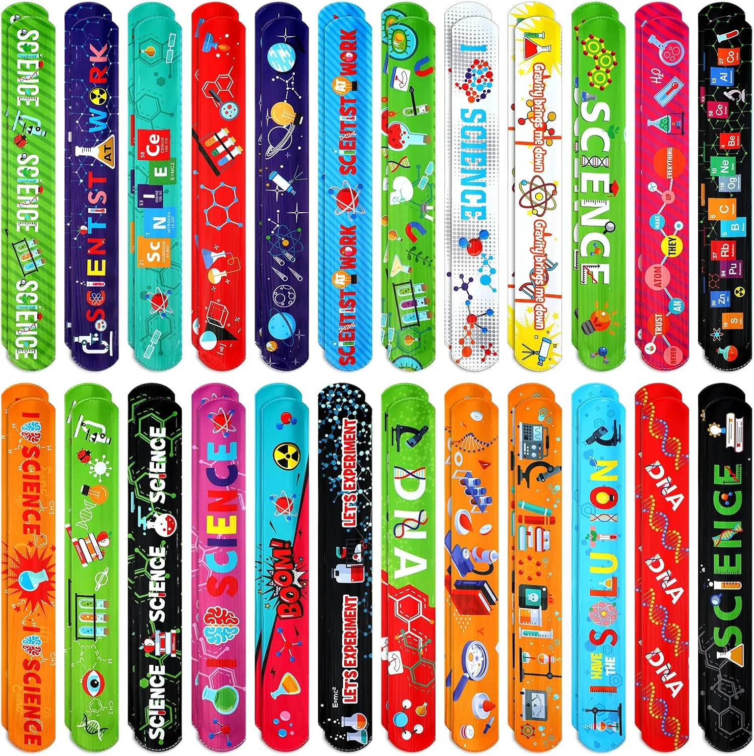 Marsui 48 Pcs Science Slap Bracelets Bulk Snap Bracelets for Science Party Favors Prizes Gifts Decorations Scientist Birthday Party Supplies, 24 Designs